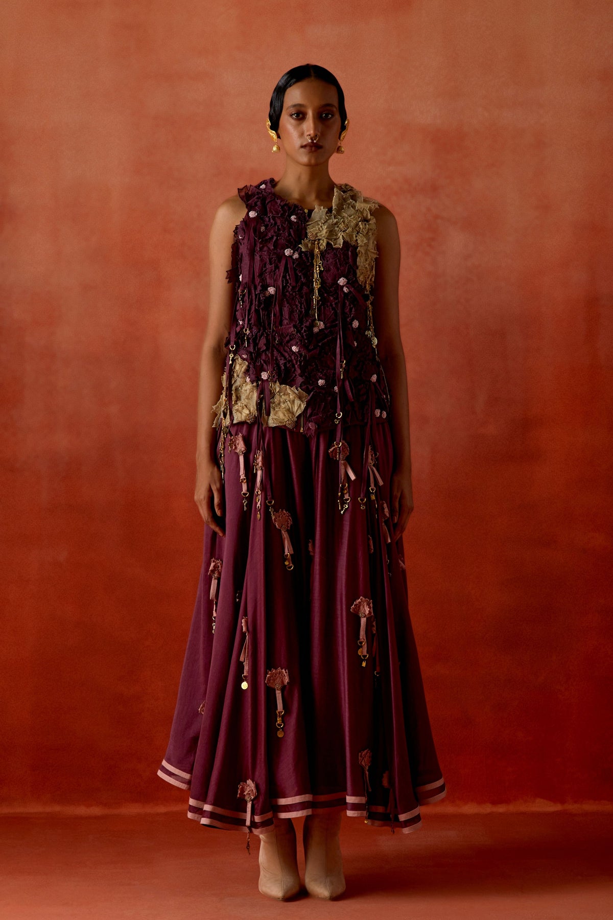 Wine Embroidered Skirt Set