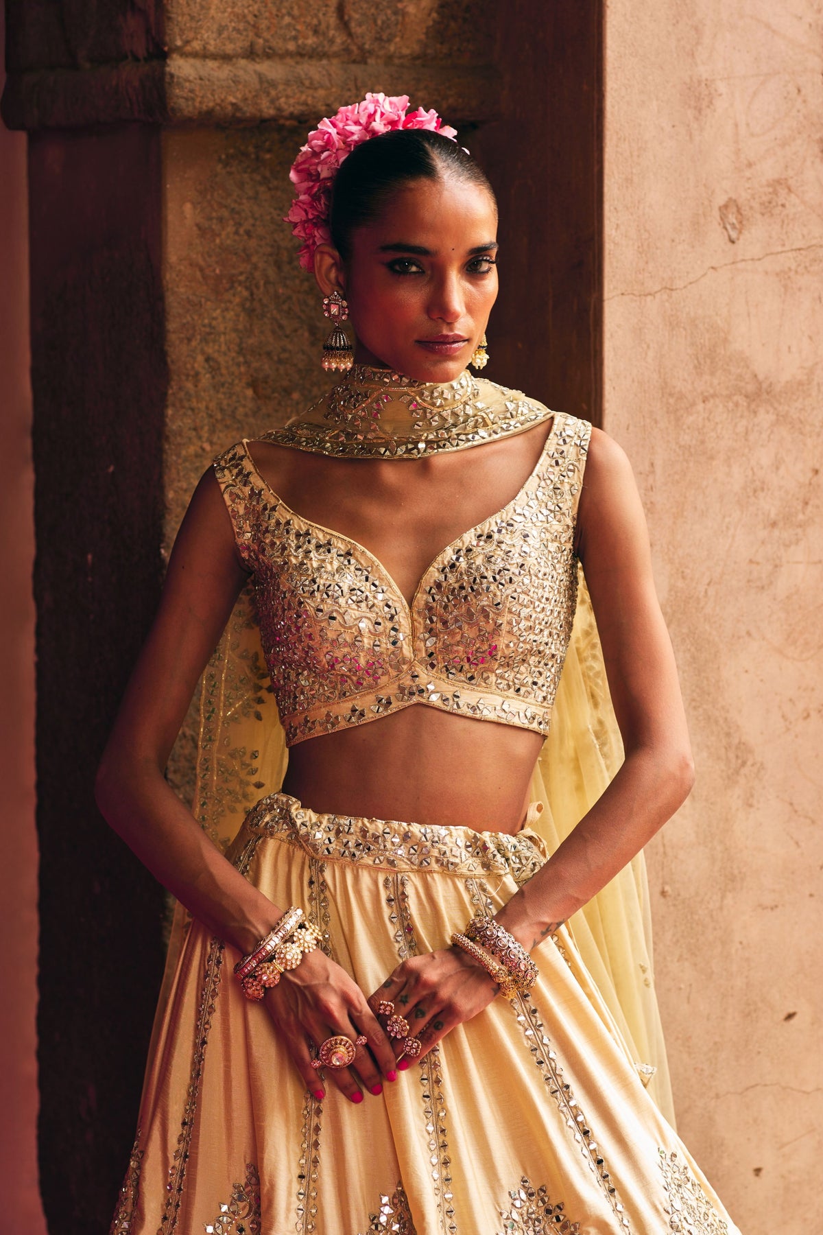 Champagne Gold Raw Silk Lehenga Set