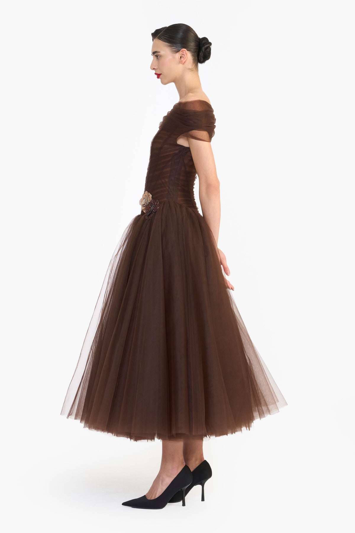 Off Shoulder Draped Tulle Midi