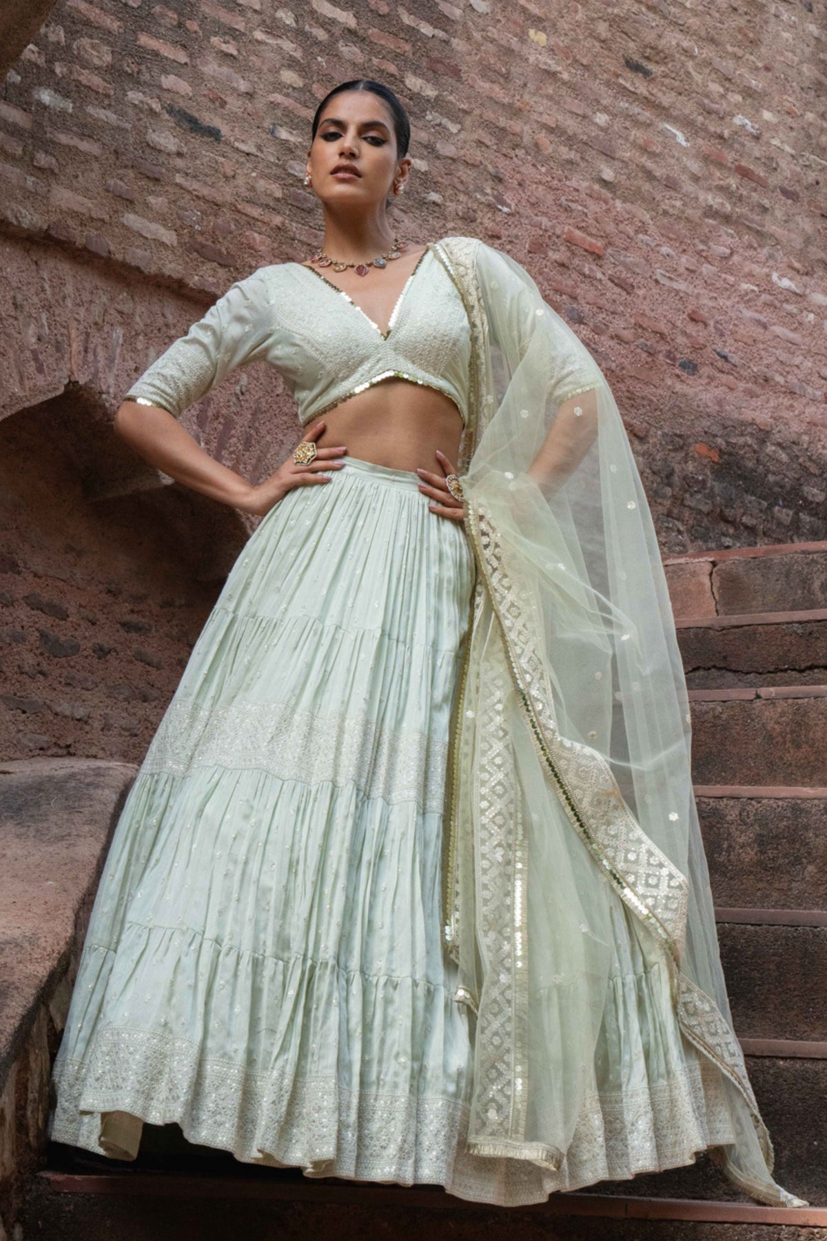 Mint Big Border Lehenga