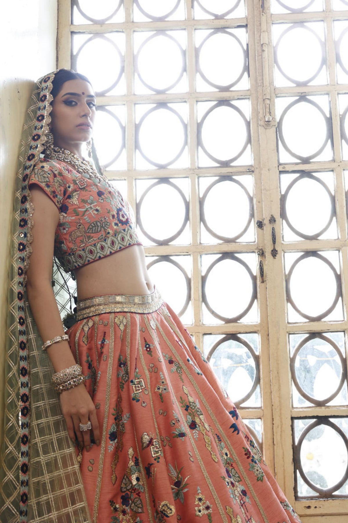 Peach Lehenga, Choli and Dupatta