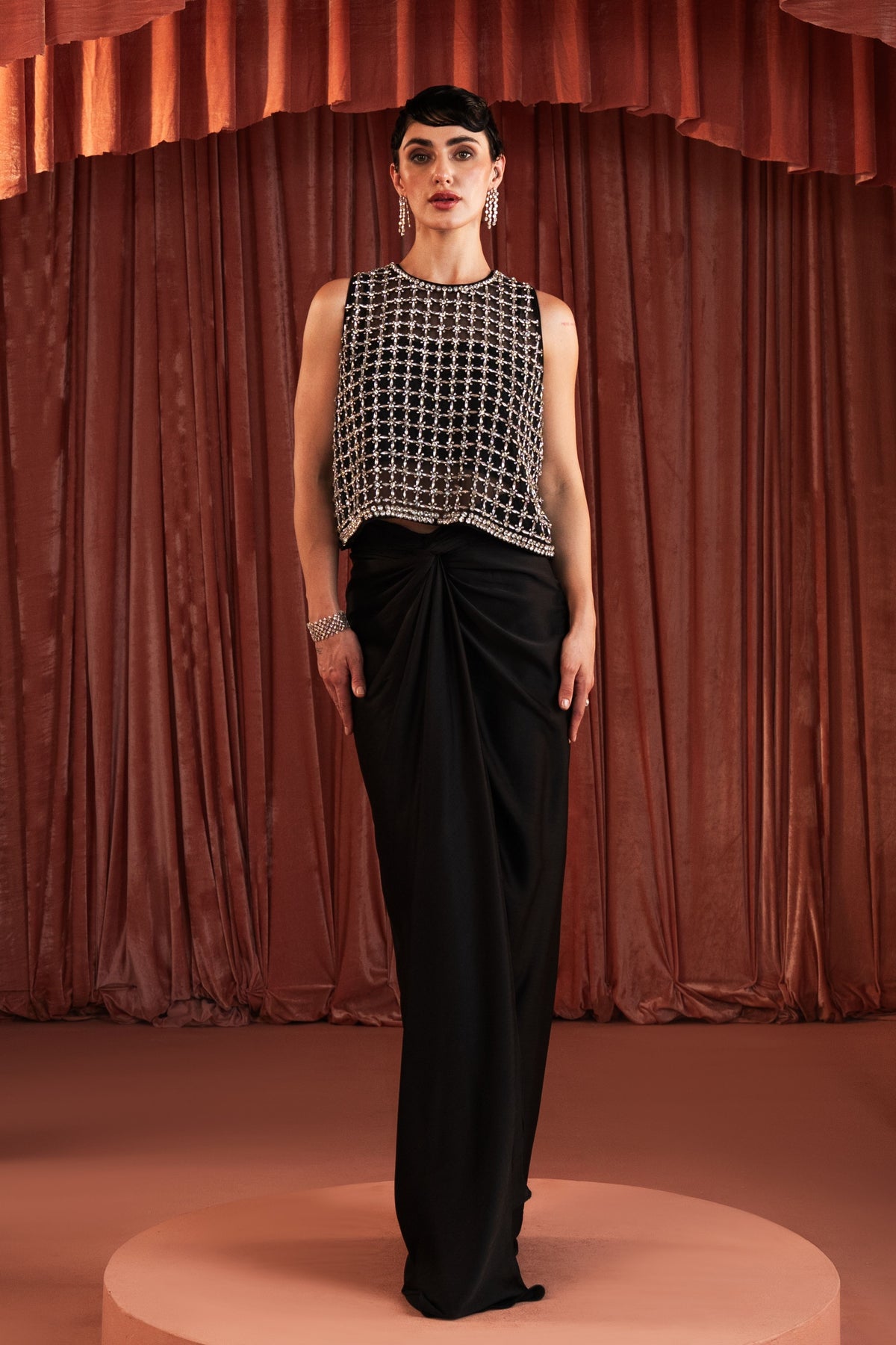 Black Sequin Draped Skirt Set