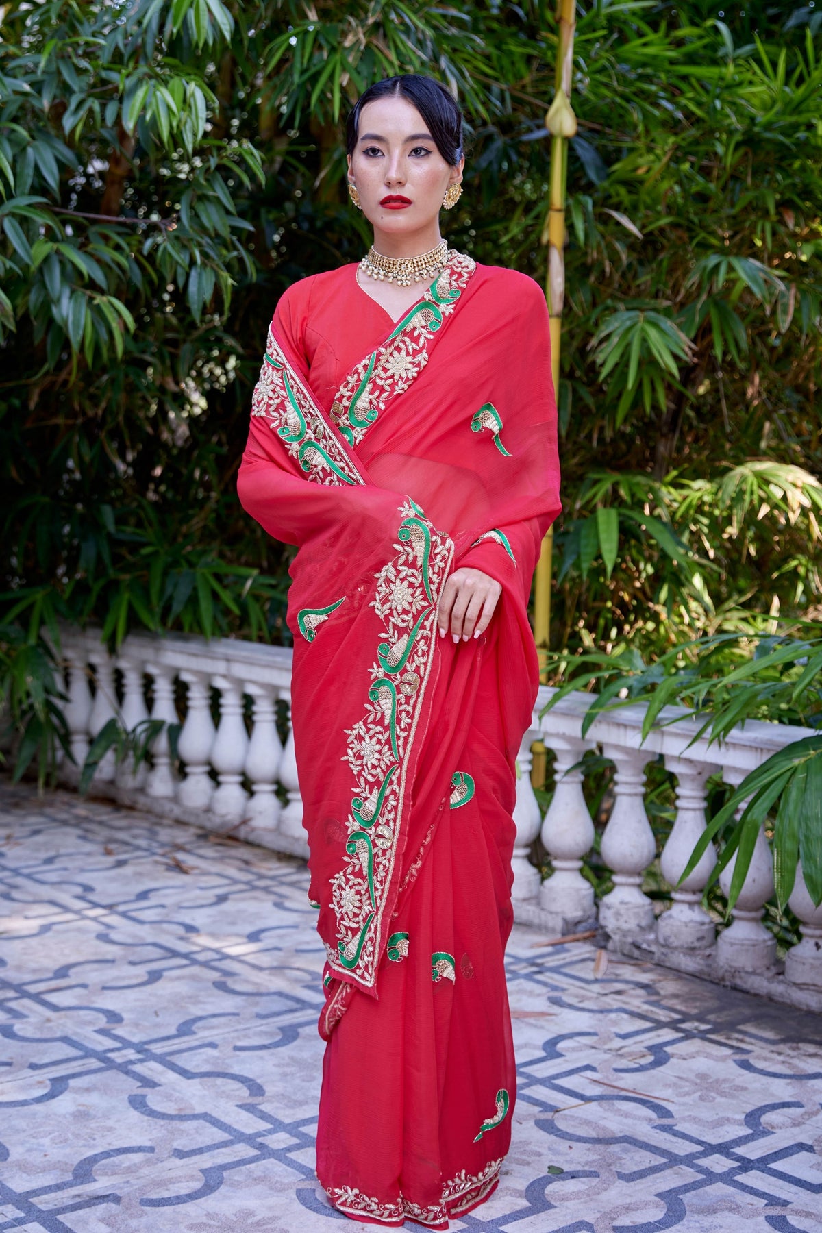 Le Peroquette Red Saree