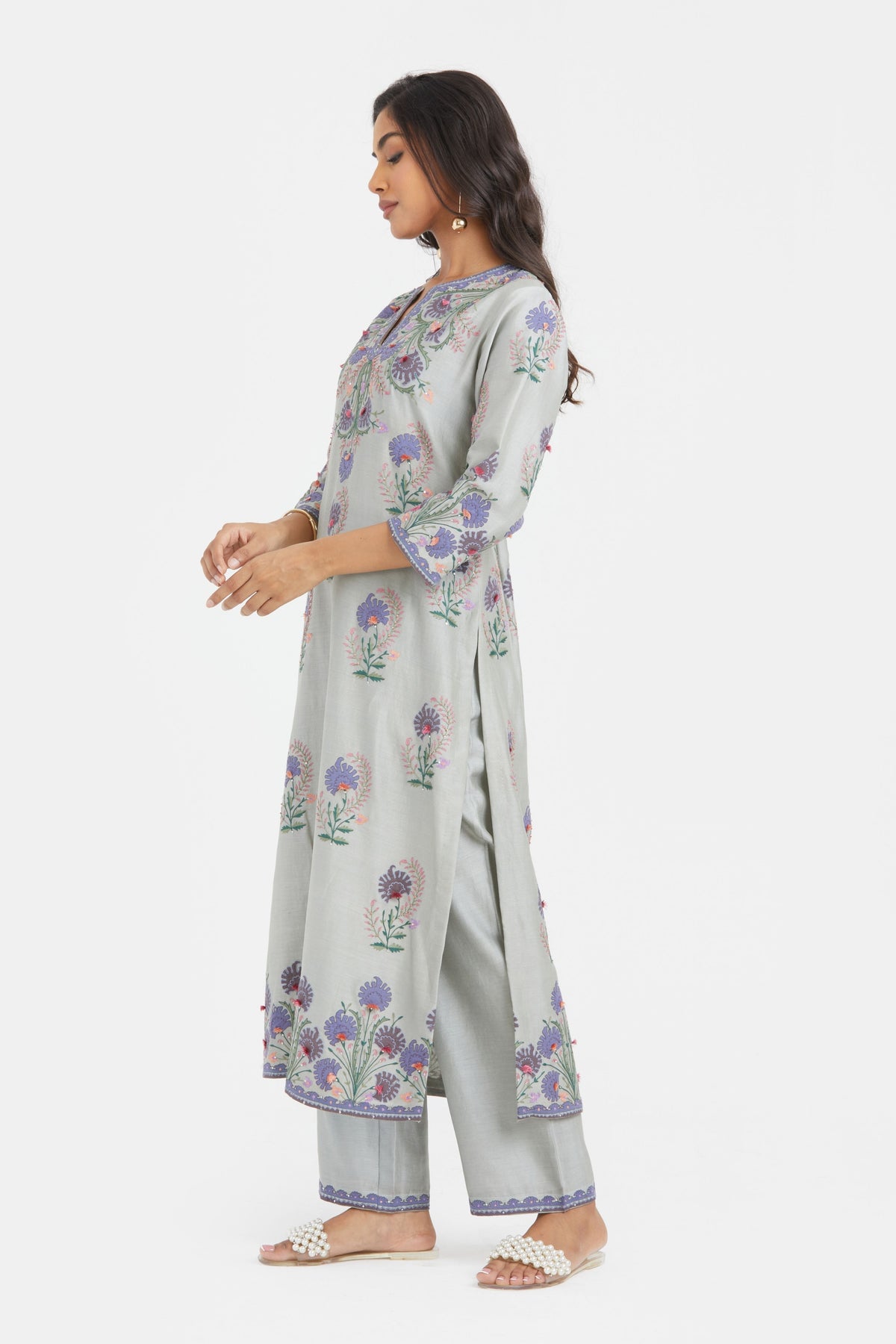 Bluish Grey Silk Chanderi Kurta Set