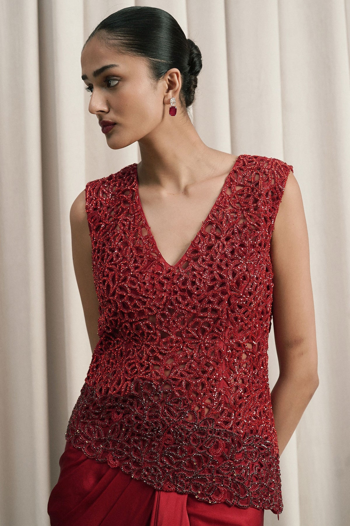 Red Stonework Draped Skirt Set