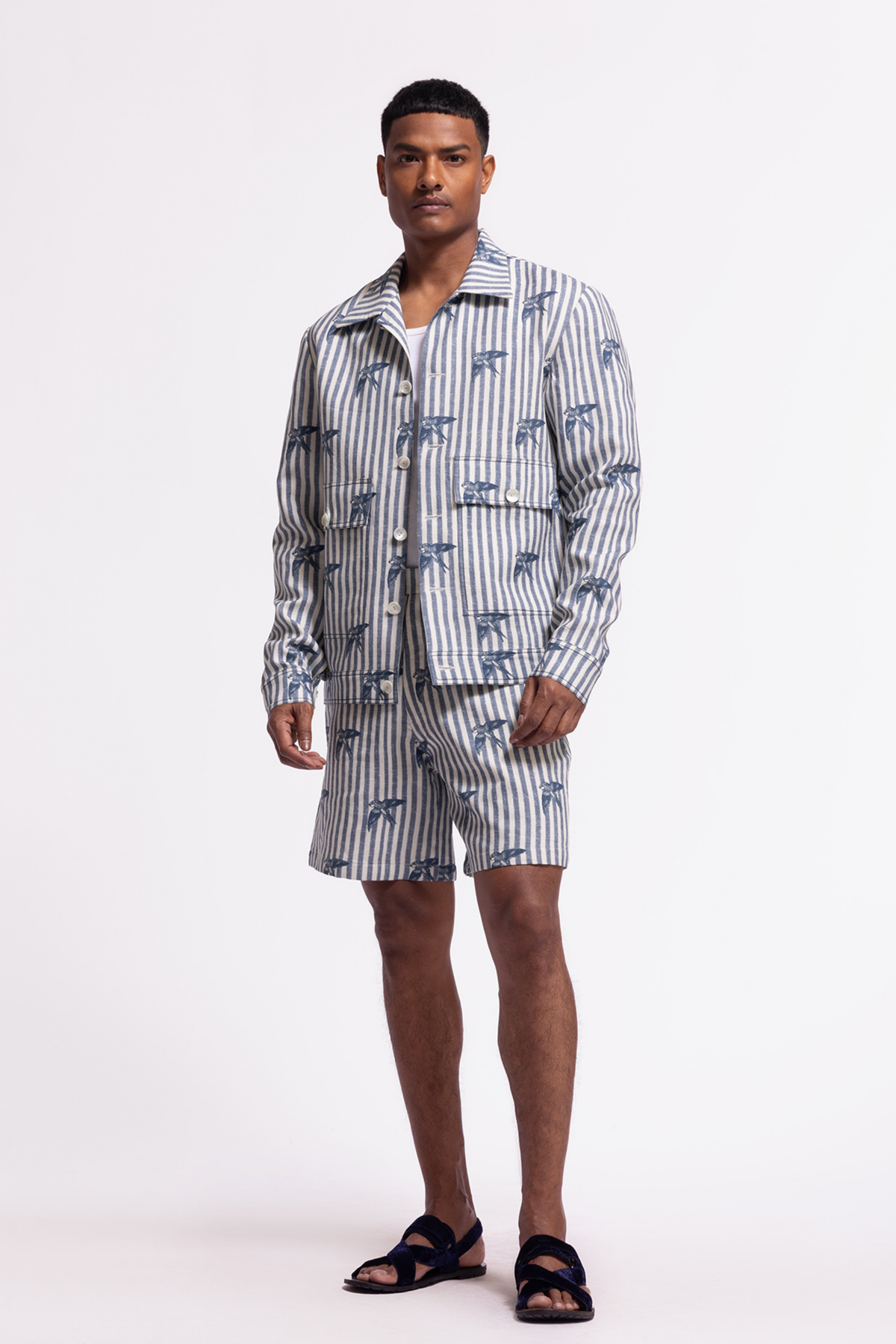 Ivory Stripped &amp; Bird Printed Jacket
