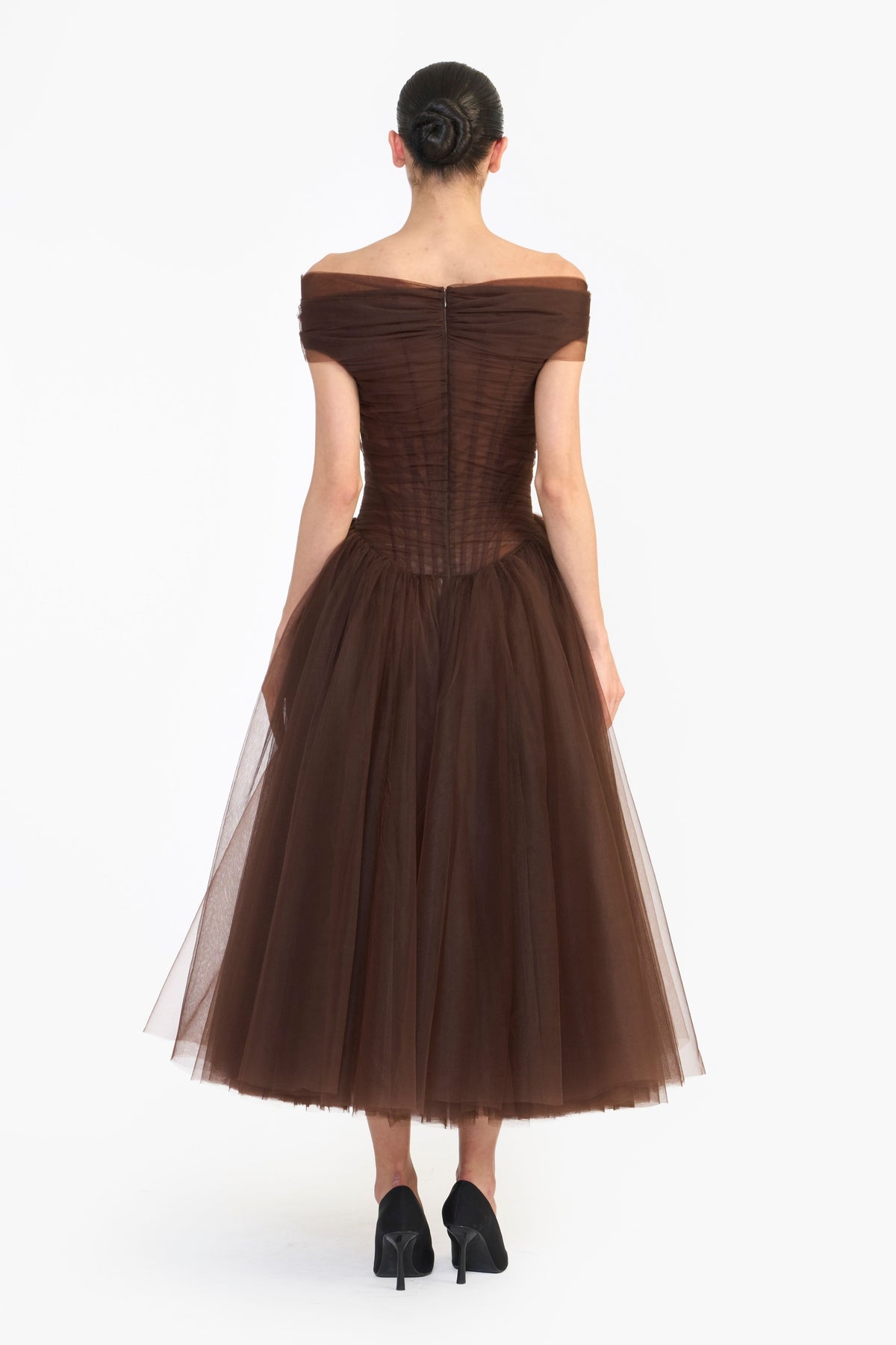 Off Shoulder Draped Tulle Midi