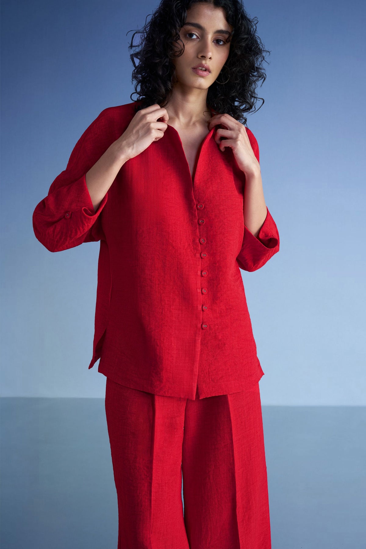 Buttoned Cuff Linen-textured Shirt