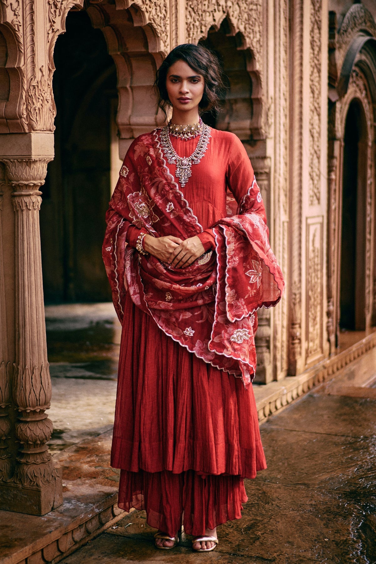 Embroidered Floral Red Anarkali Set