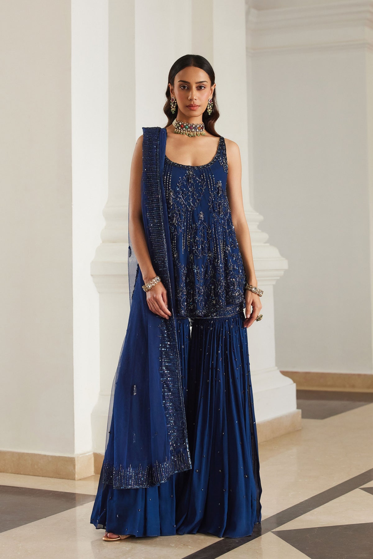 Teal Blue Biased Kurta With Sharara