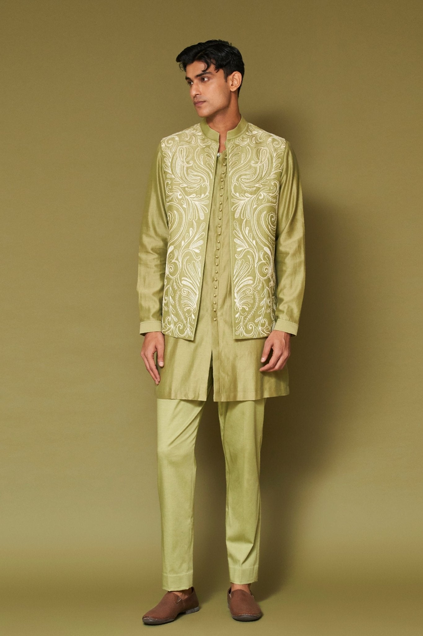 Pistachio Dori Embroidered Bundi Set - Devnaagri Menswear - Elahe