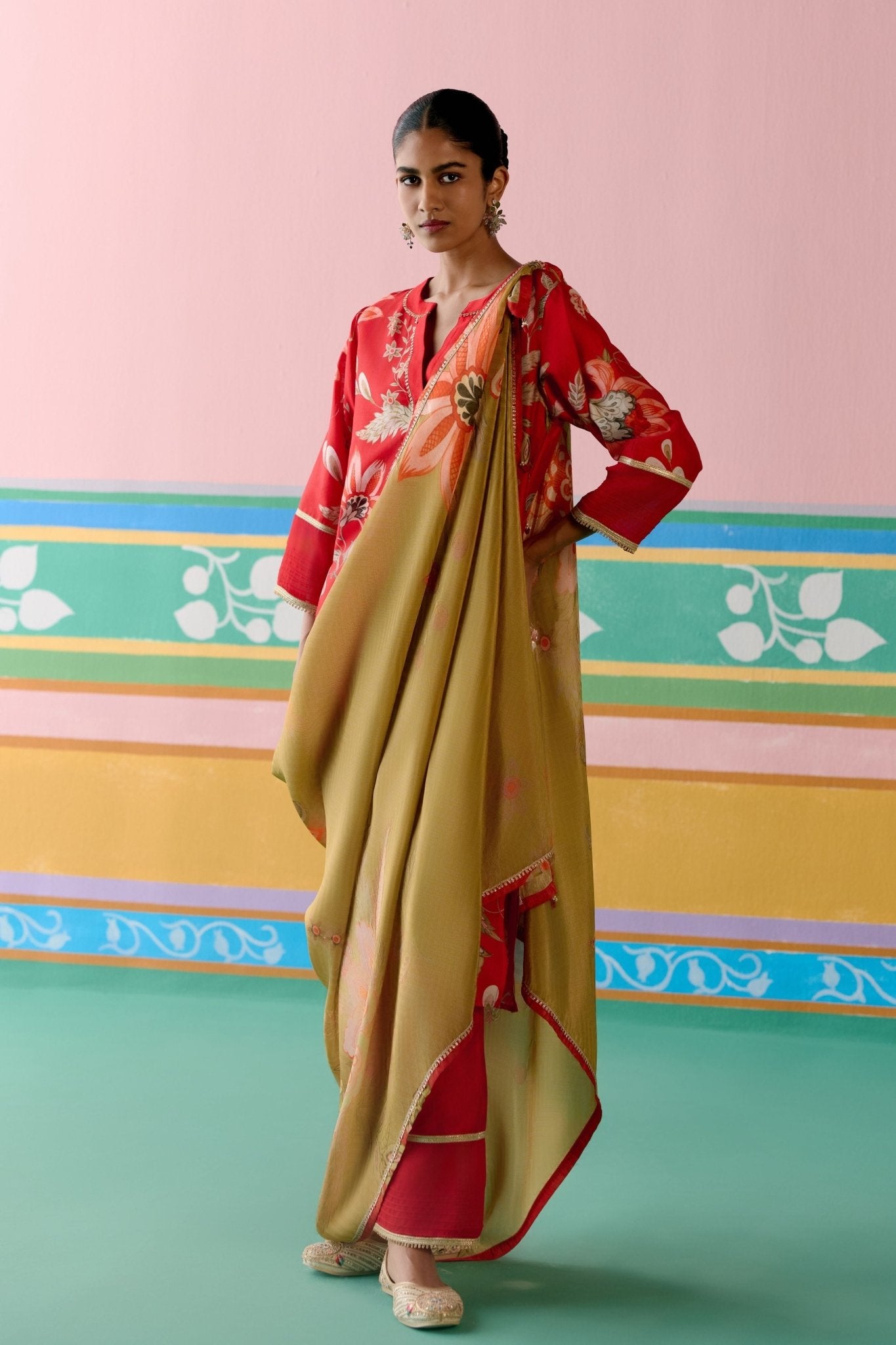 Red Chintz Kurta Set - Label Mogra - Elahe