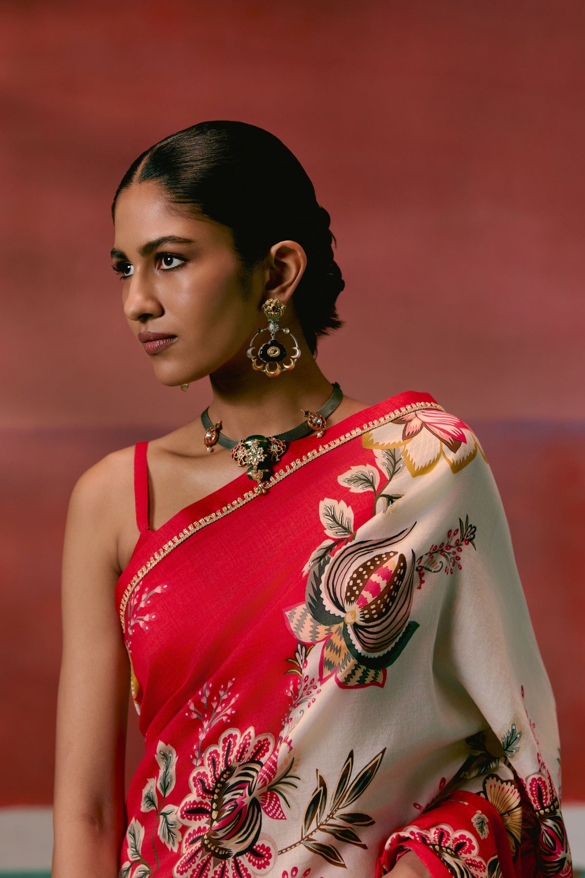 Ecru and Red Floral Saree