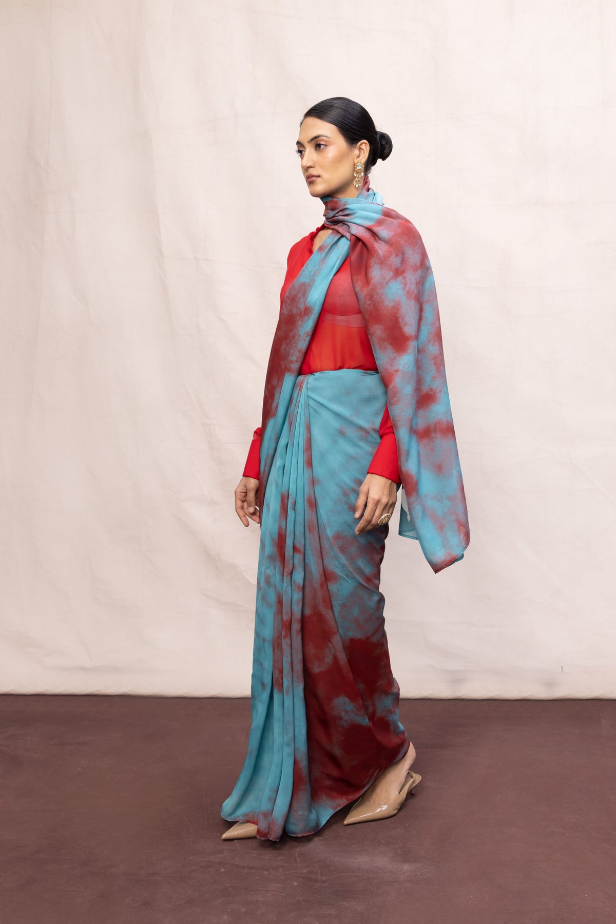 Red Brush Stroke chiffon Saree