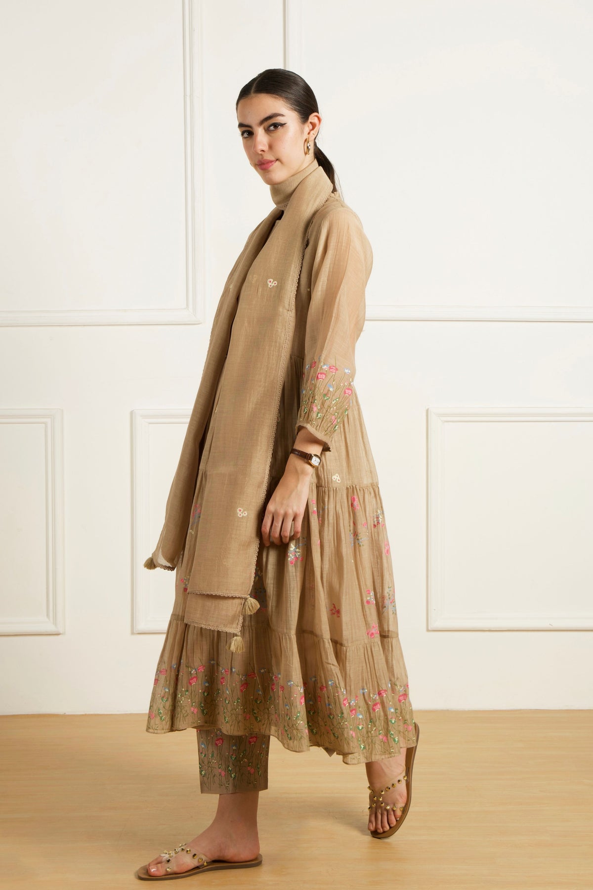 Beige Gathered Kurta Set