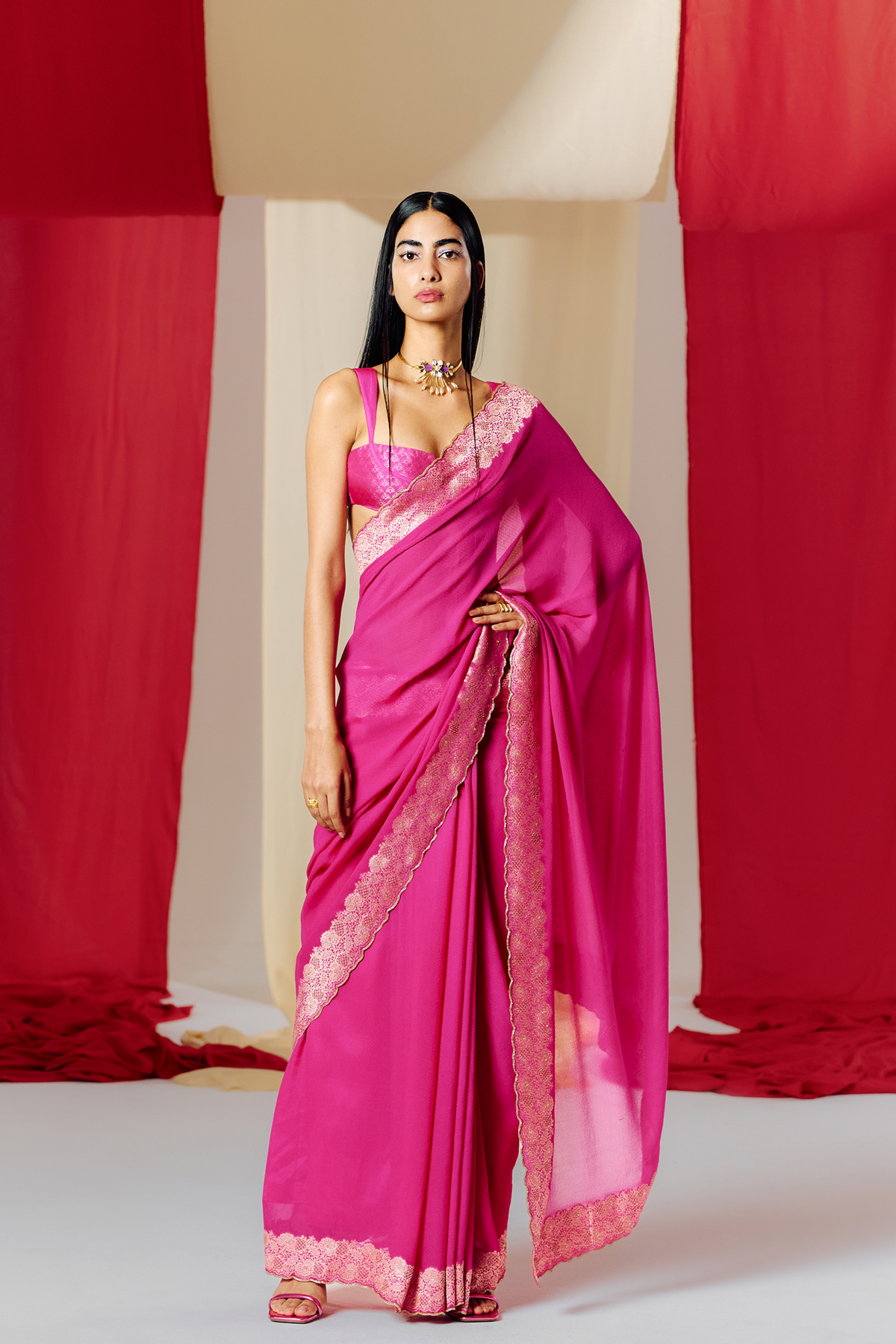 Pink Georgette Handwoven Saree