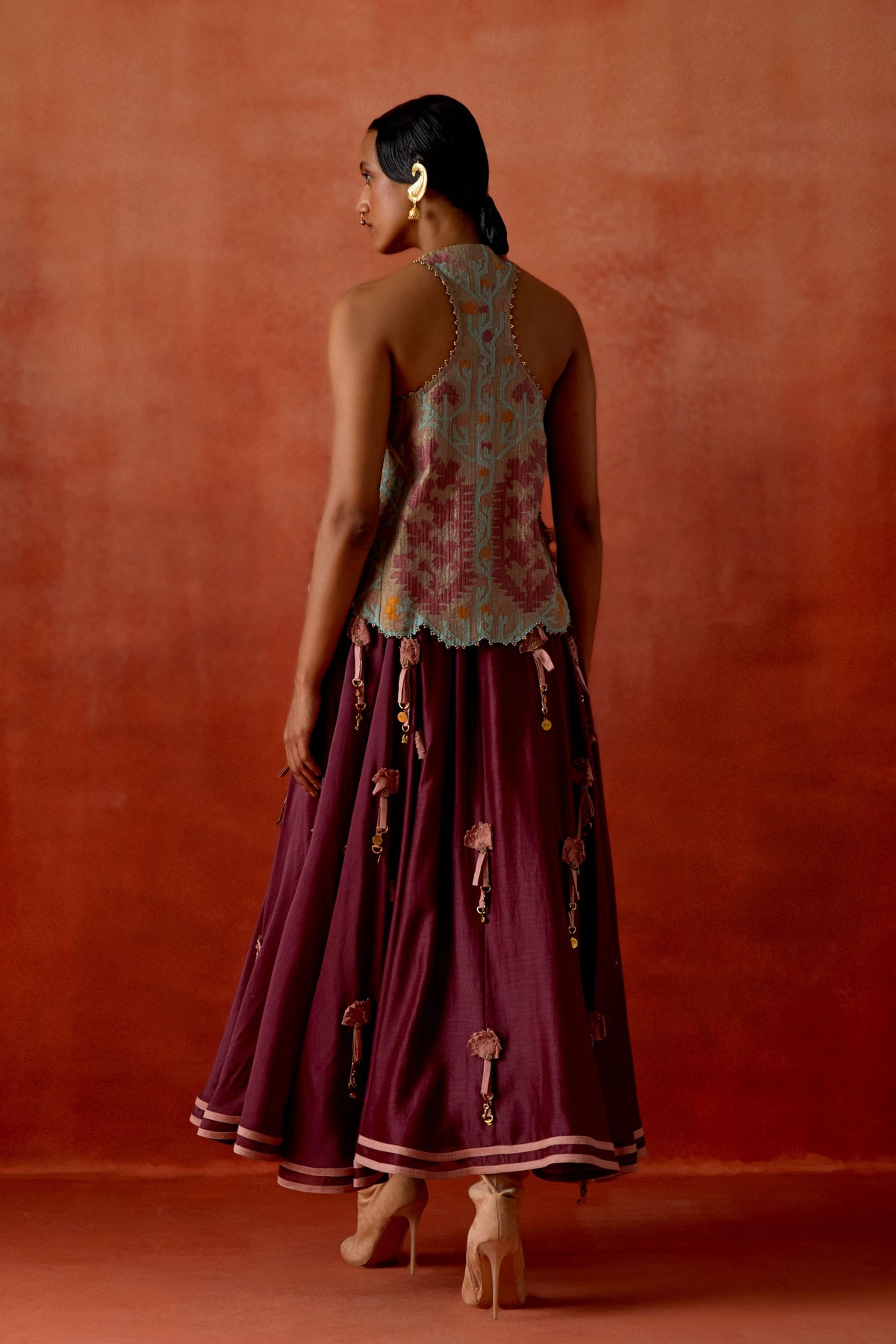 Wine Embroidered Skirt Set