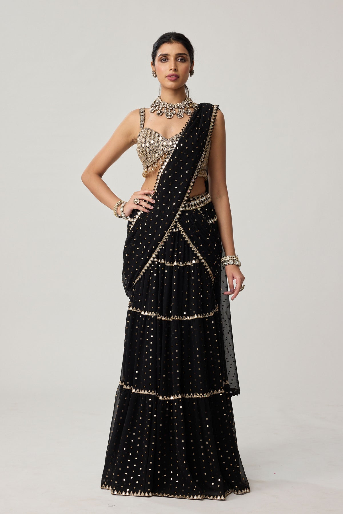 Black Multi-tier Saree Set