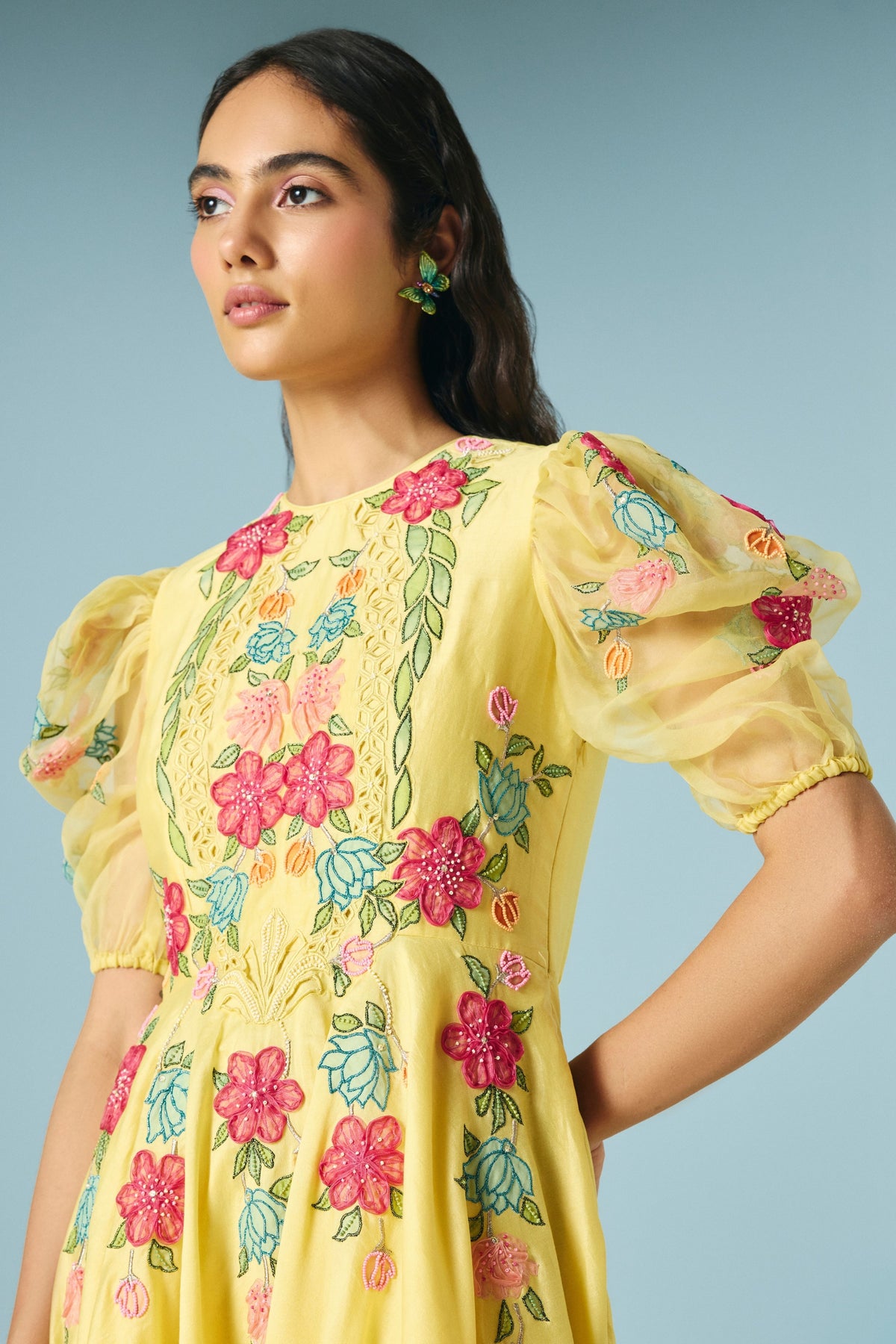 Butter Yellow Applique Flounce Dress
