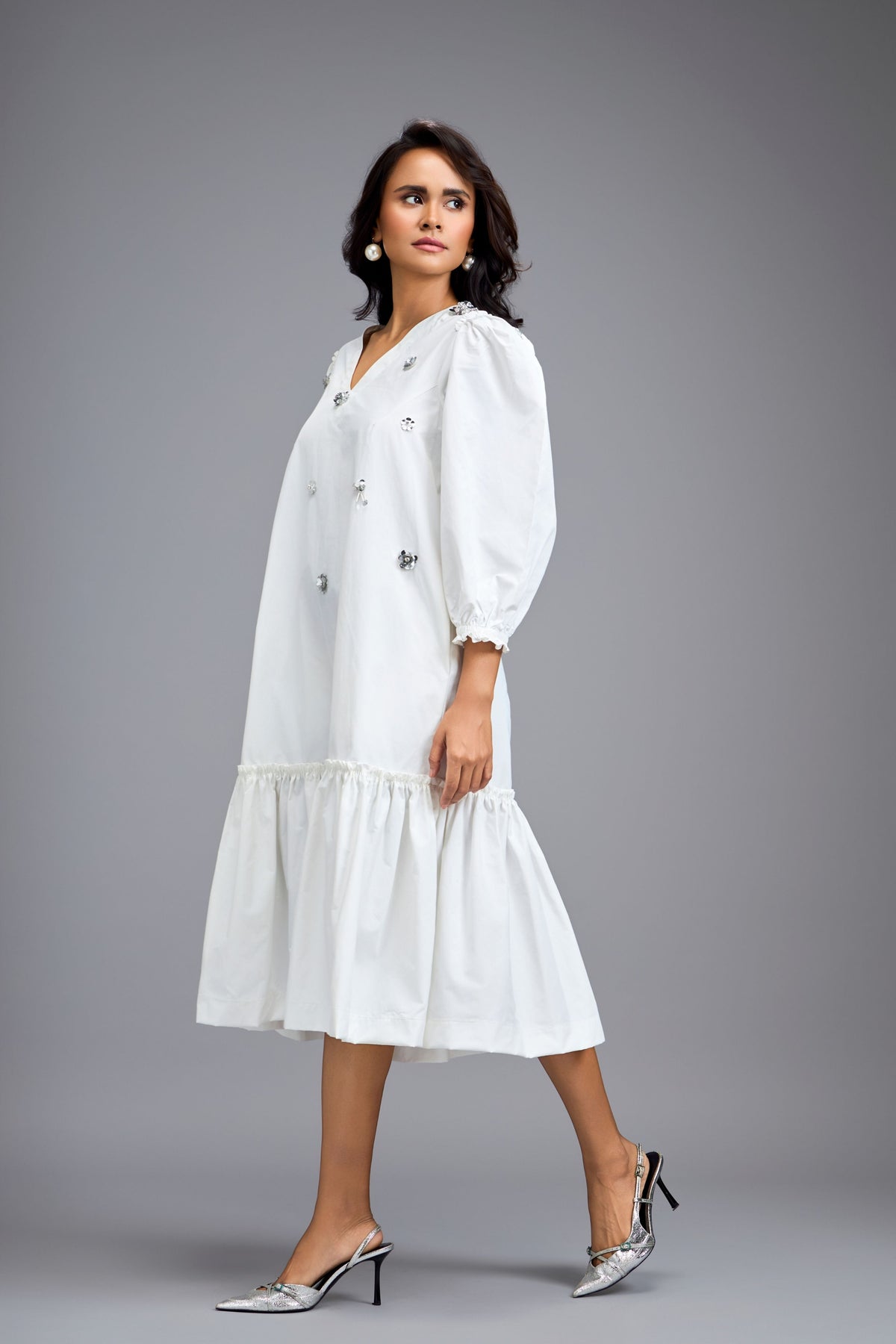 Long Gathered White Embellished  Dress