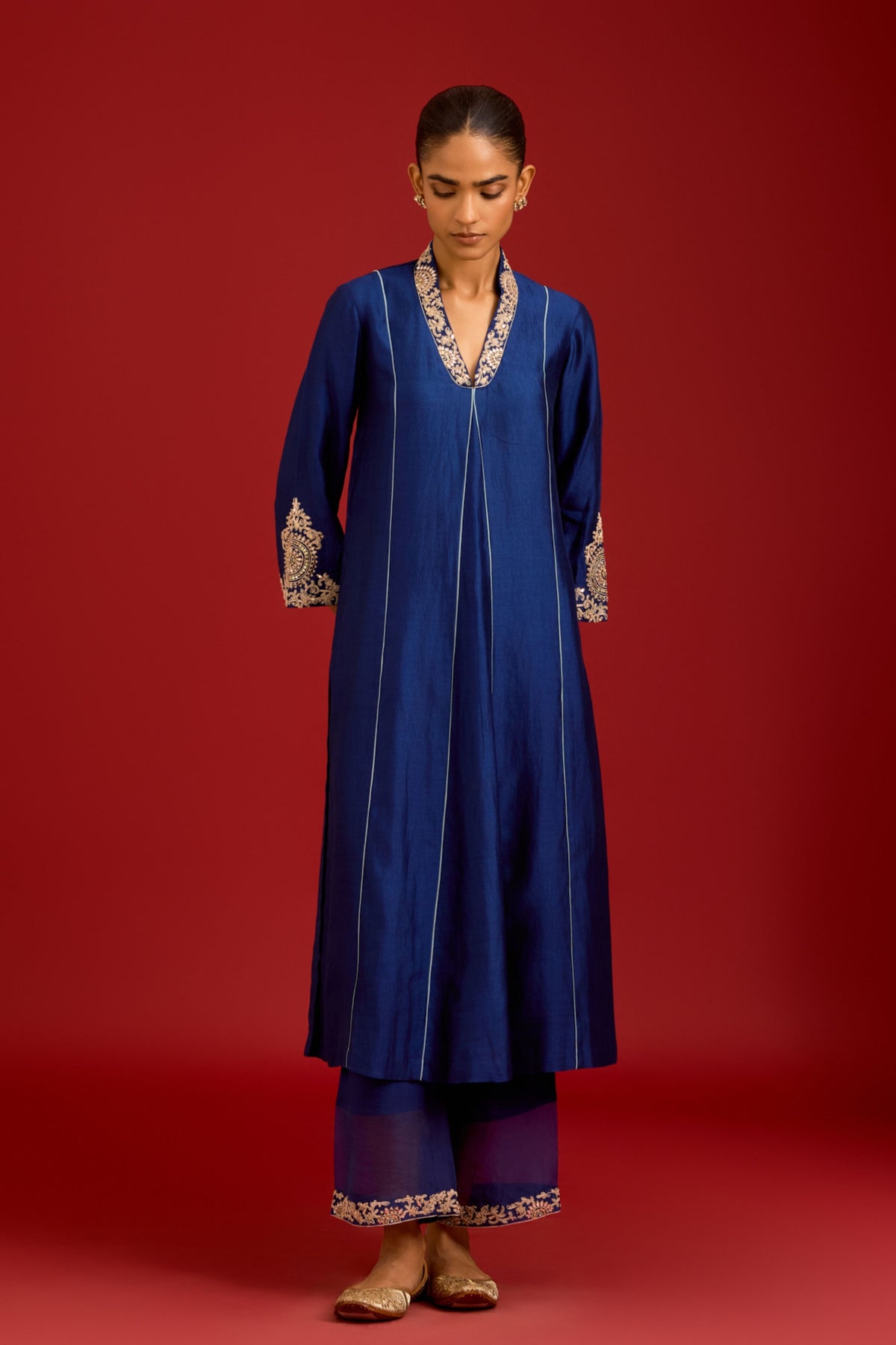 Navy Chinniya Silk Kurta Set