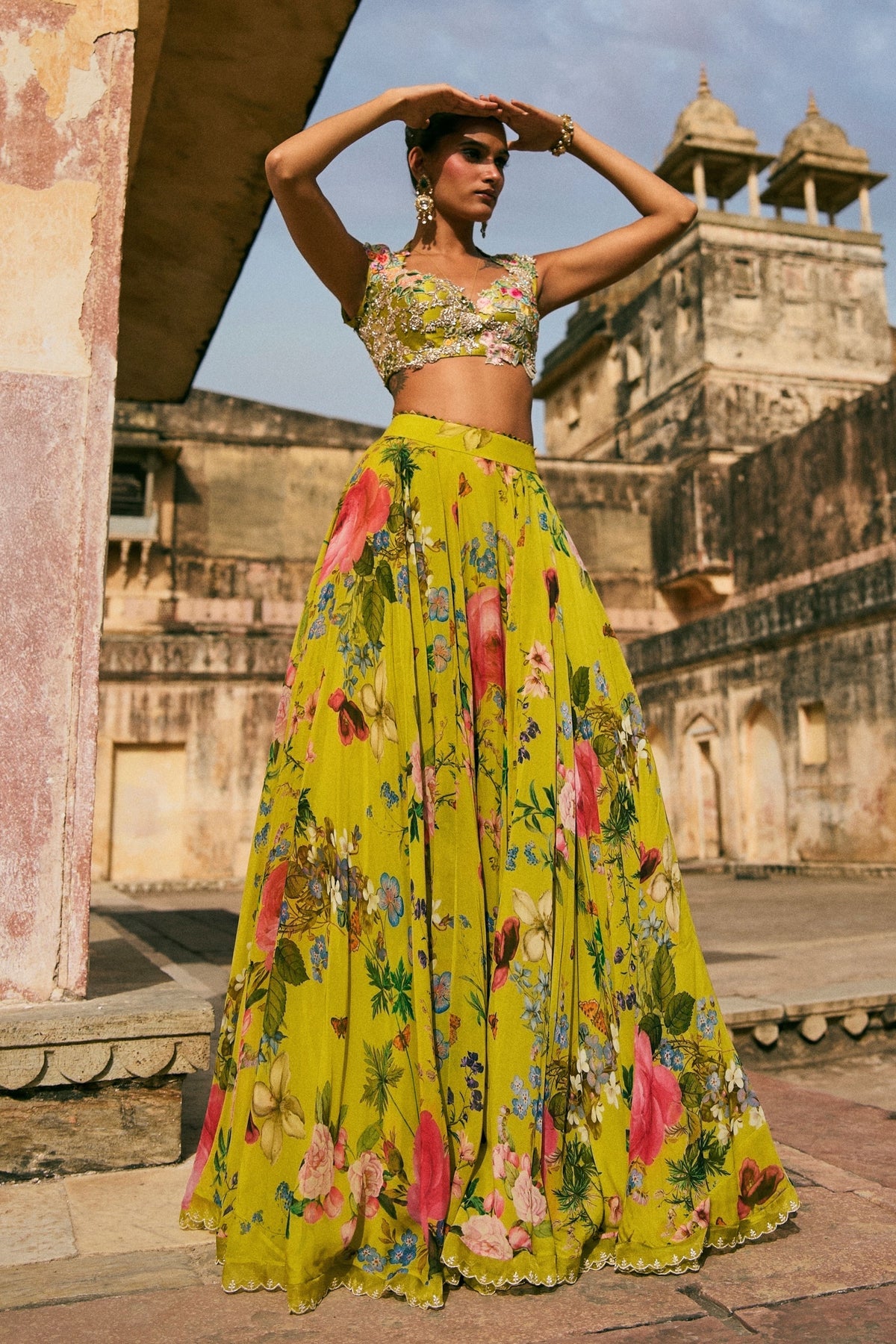 Yellow Green Applique Lehenga Set