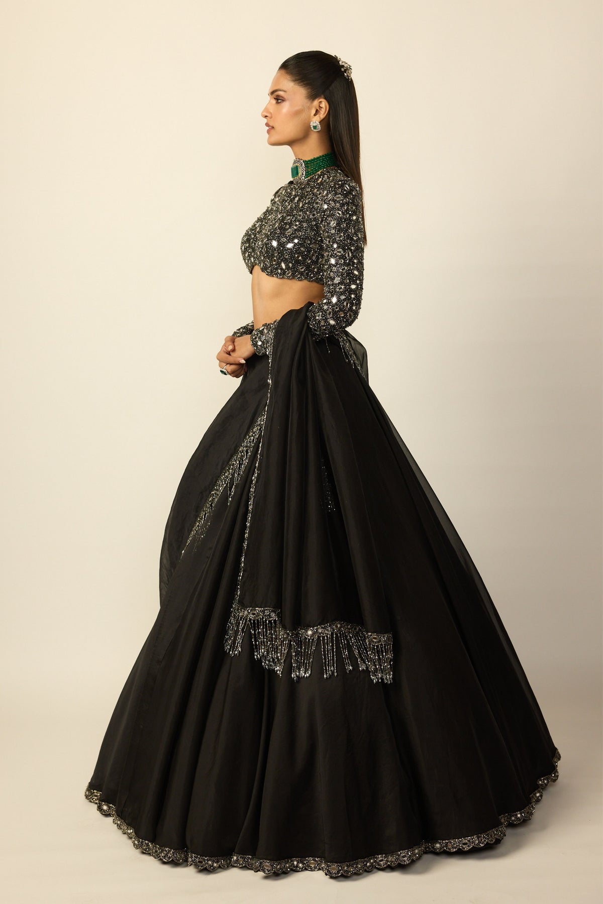 Black Tassel Dupatta Lehenga Set