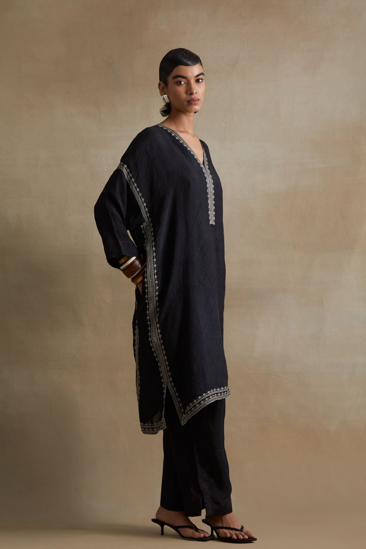 Black Thread Embroidered Kaftan Set