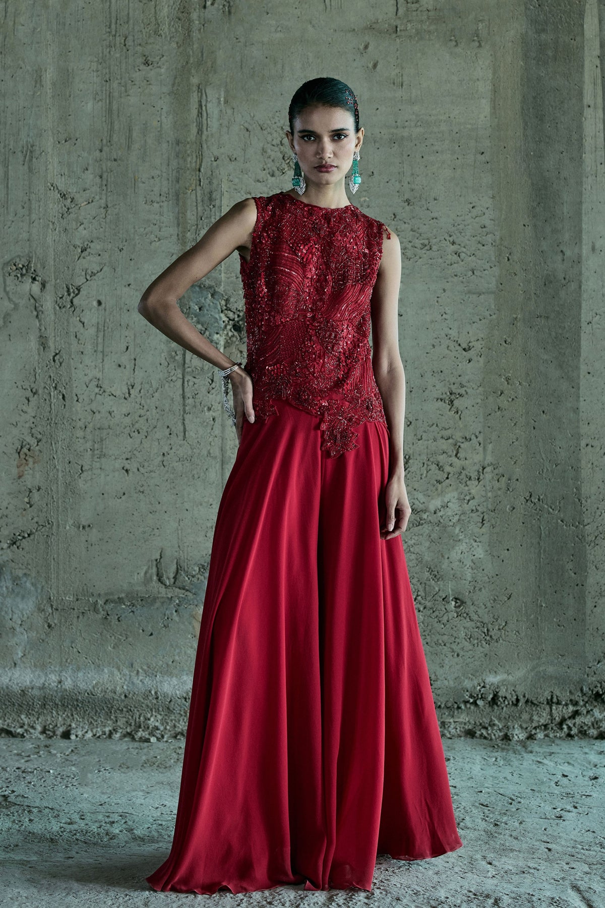 Red Assymetrical Top With Pants