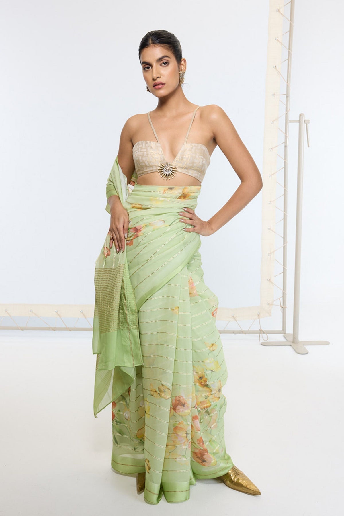 Handwoven Sage Green Printed Saree
