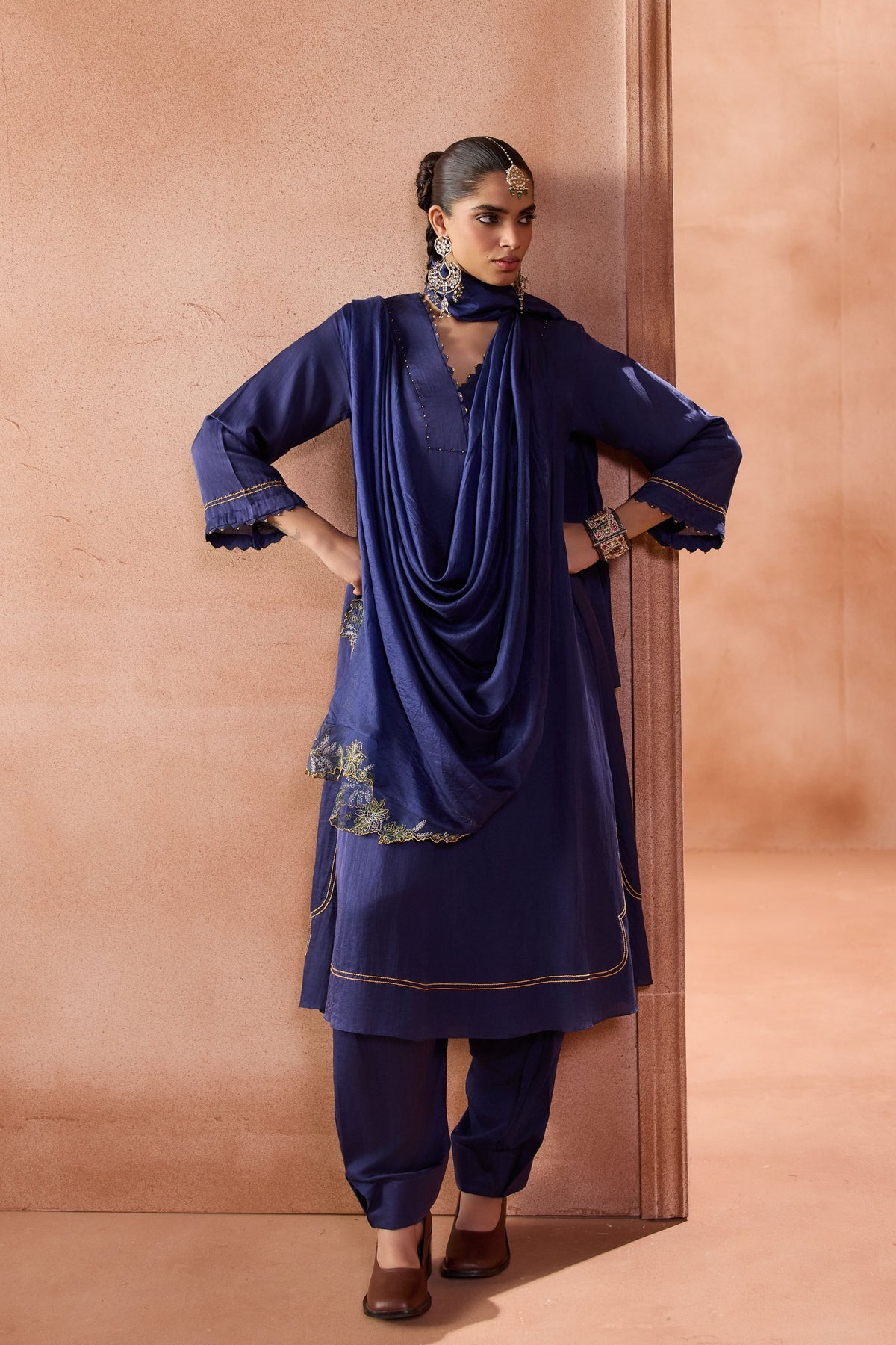 Navy Box Pleated Pants Kurta Set