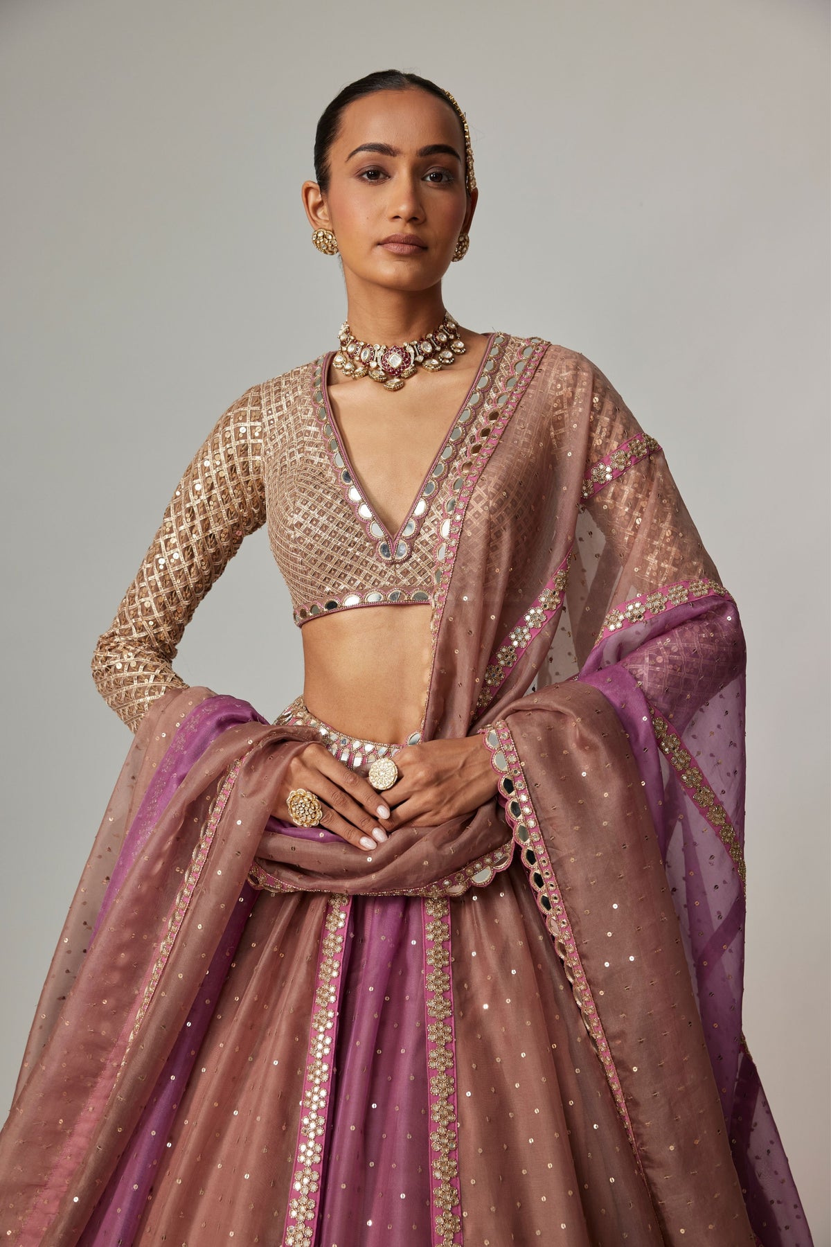 Mauve Beige Multicolor Lehenga Set