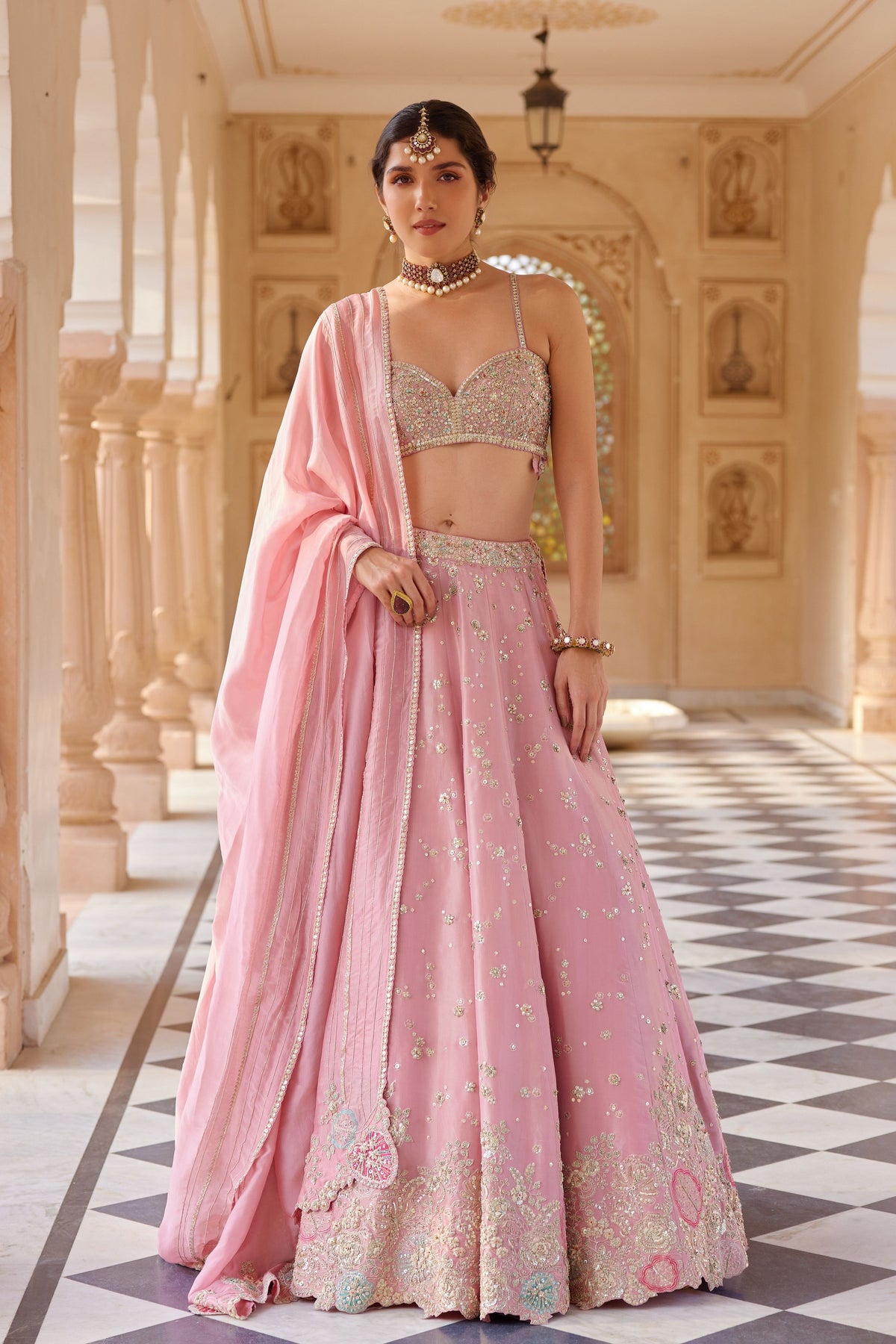 Pink Embroidered Lehenga Set