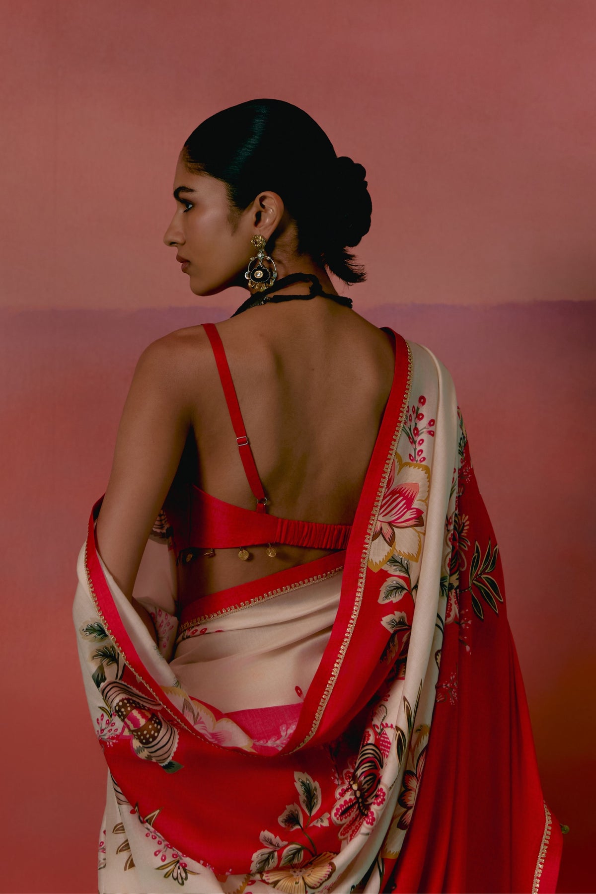 Ecru and Red Floral Saree