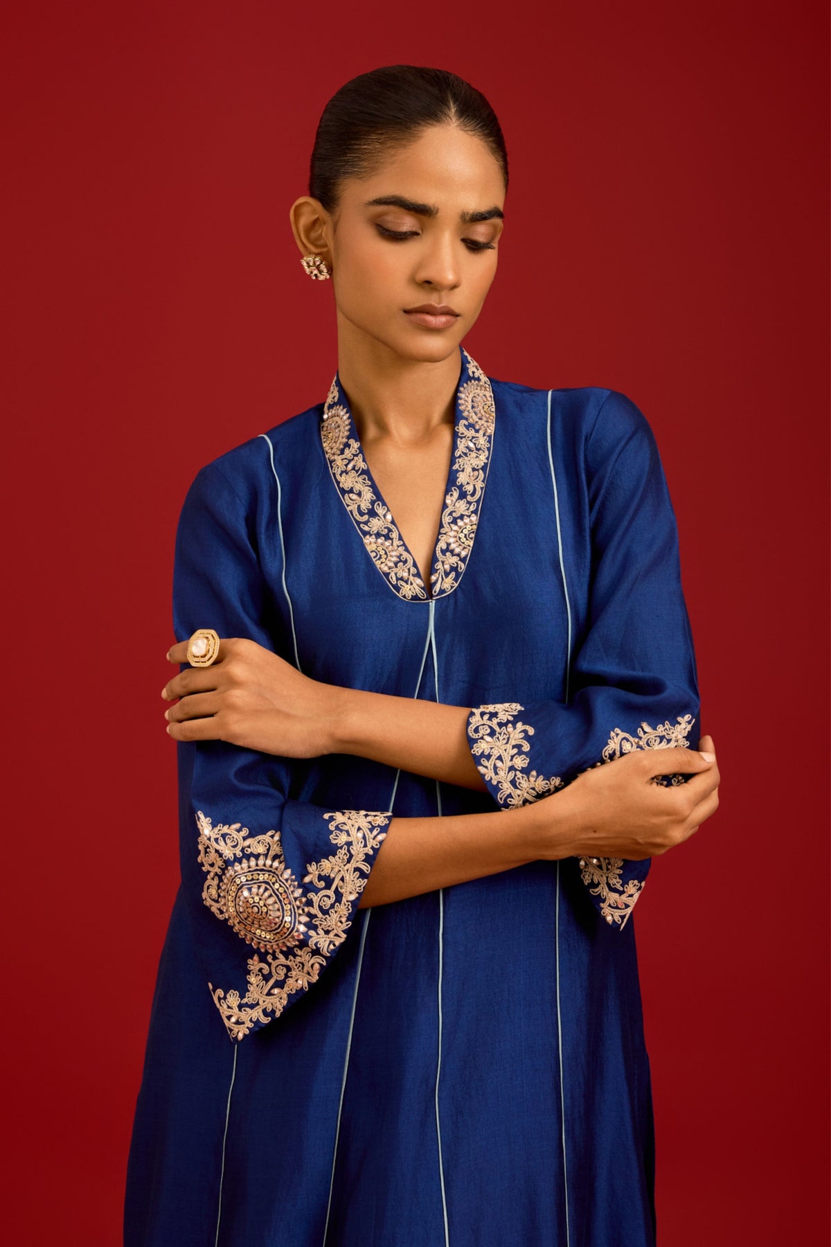 Navy Chinniya Silk Kurta Set