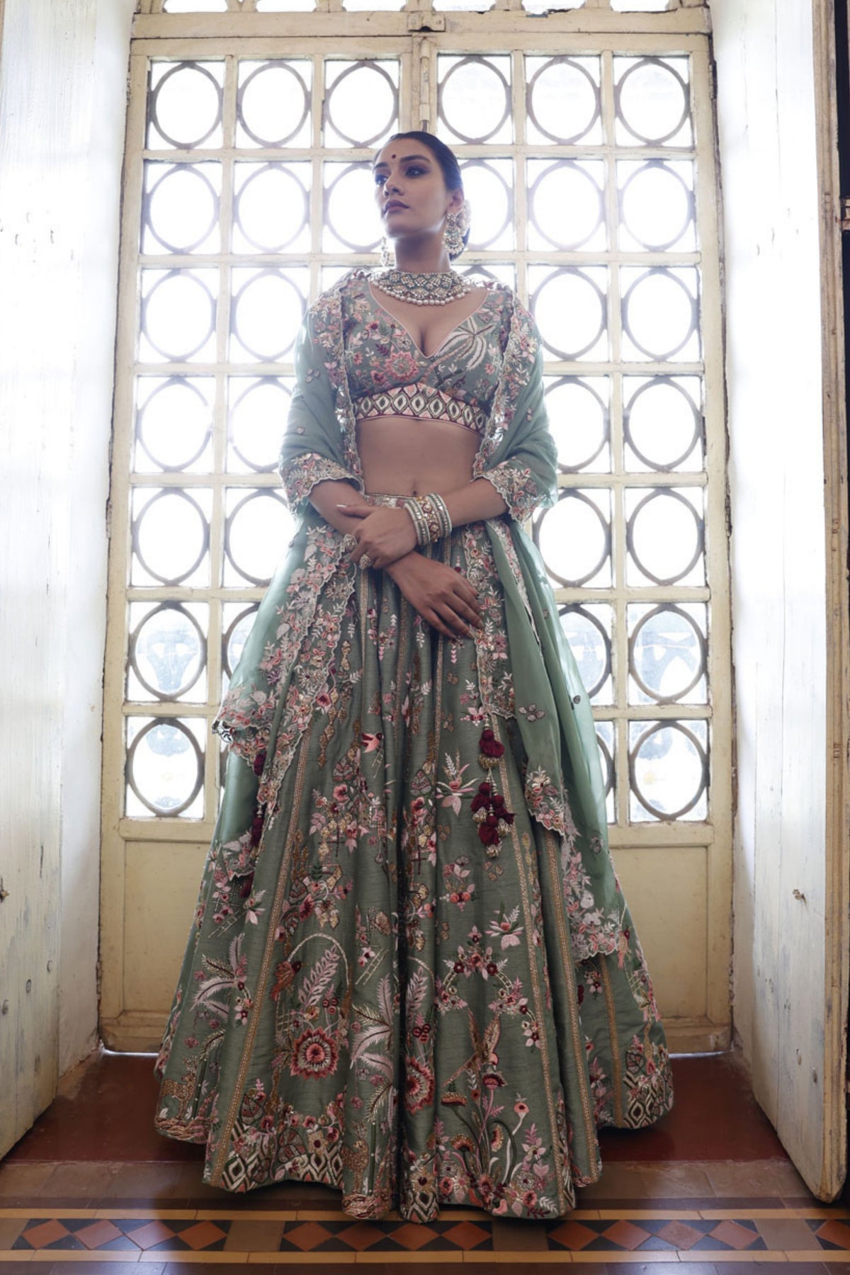 Sage Lehenga, Choli and Dupatta