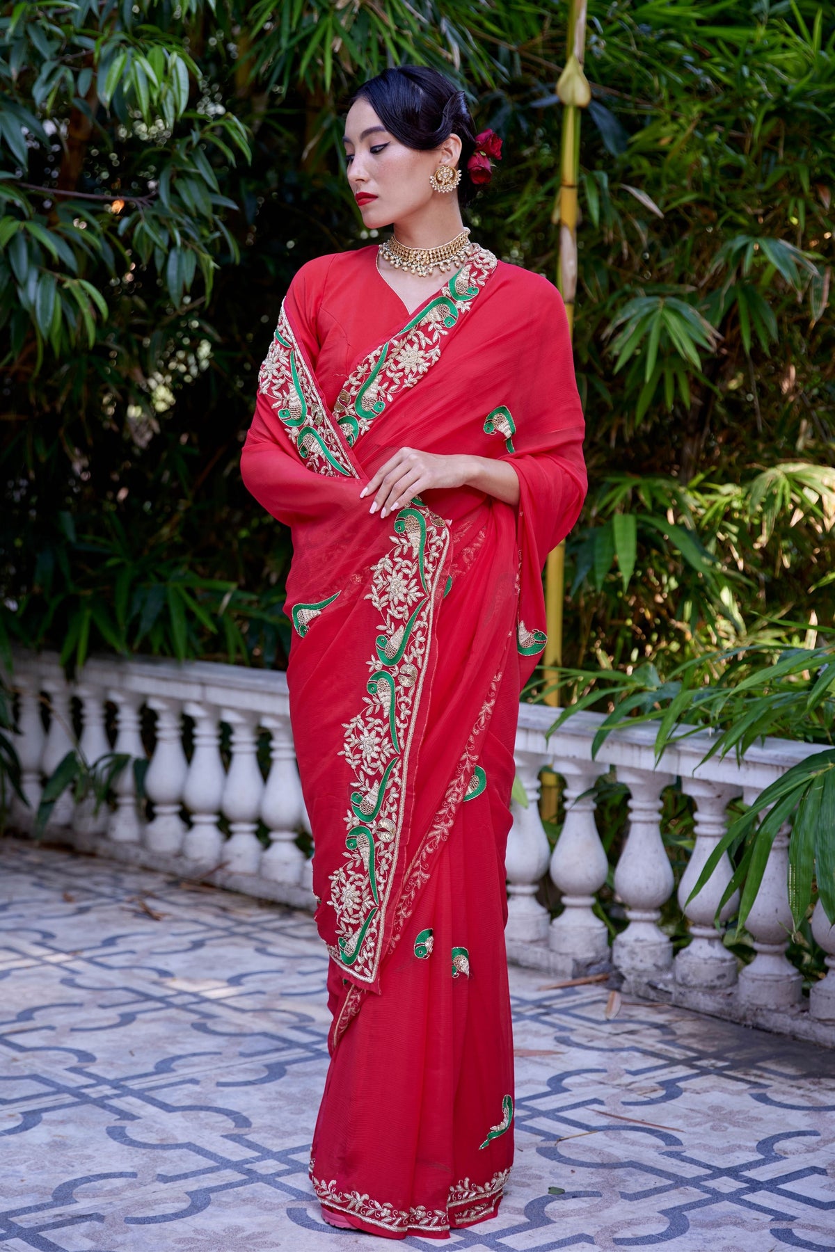 Le Peroquette Red Saree