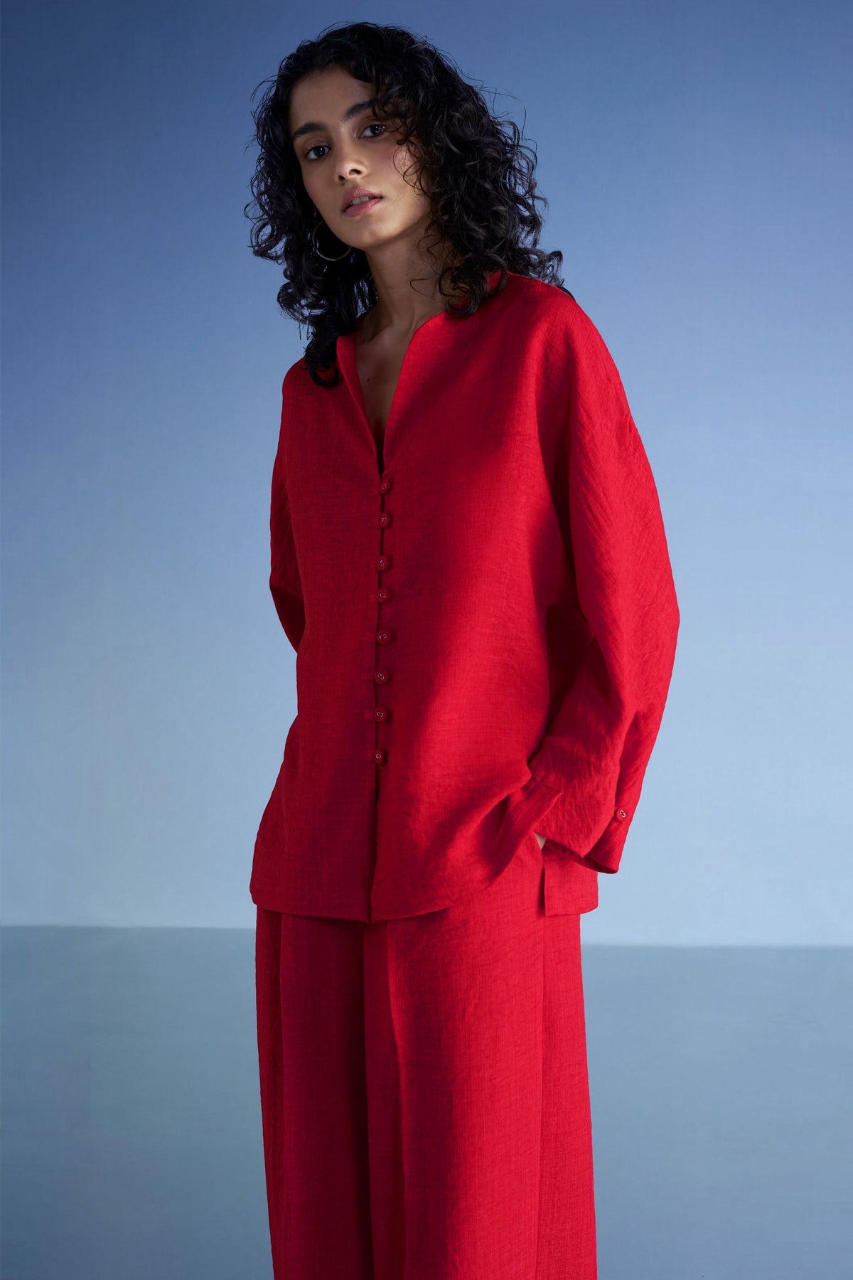 Buttoned Cuff Linen-textured Shirt