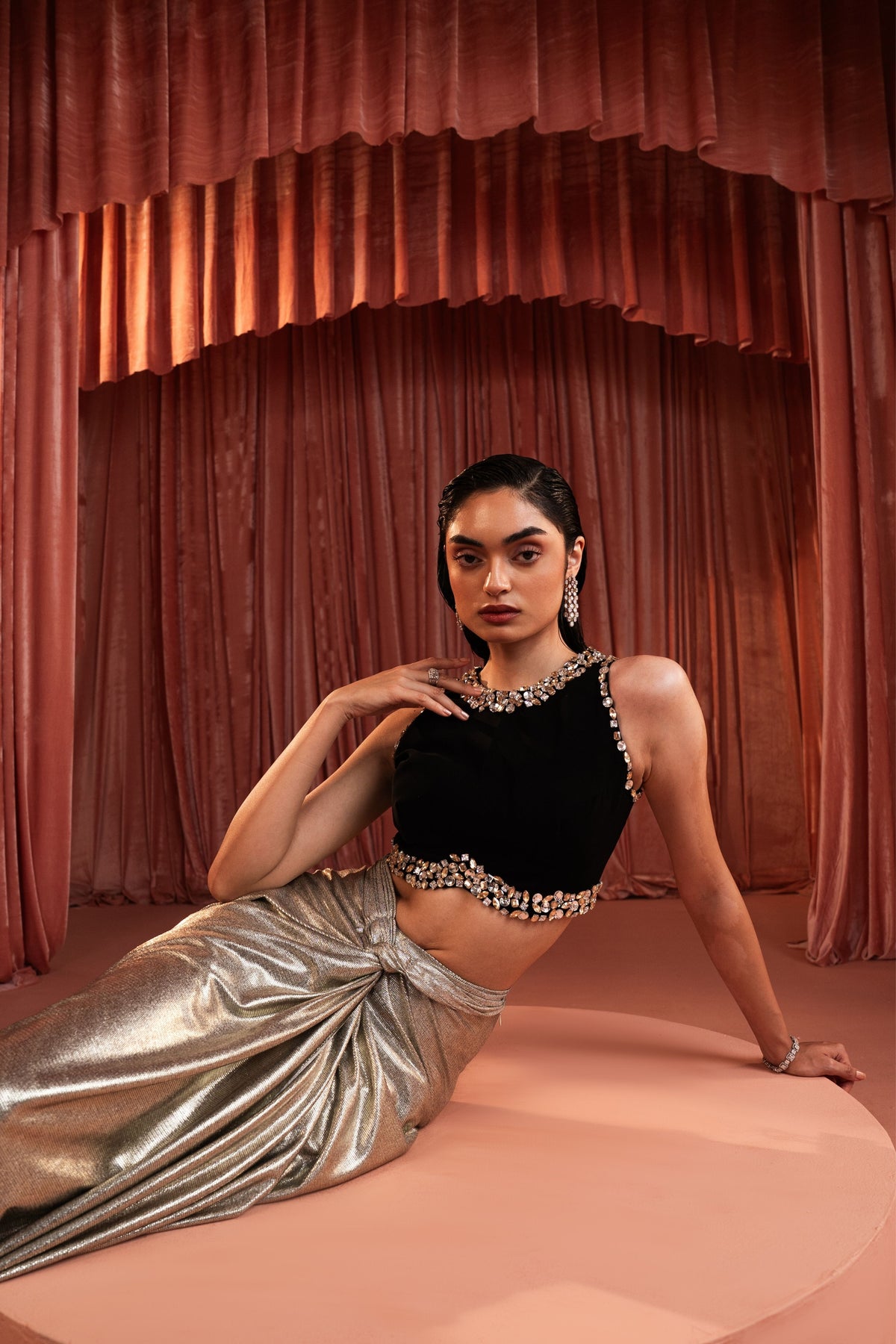 Black Beaded Draped Skirt Set