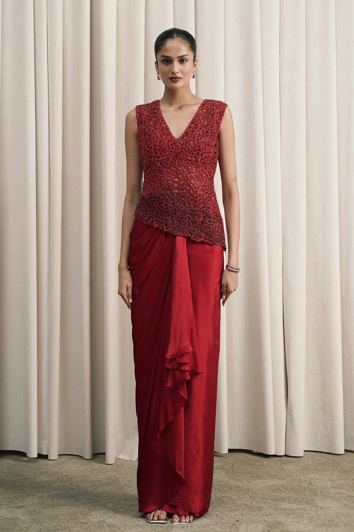 Red Stonework Draped Skirt Set