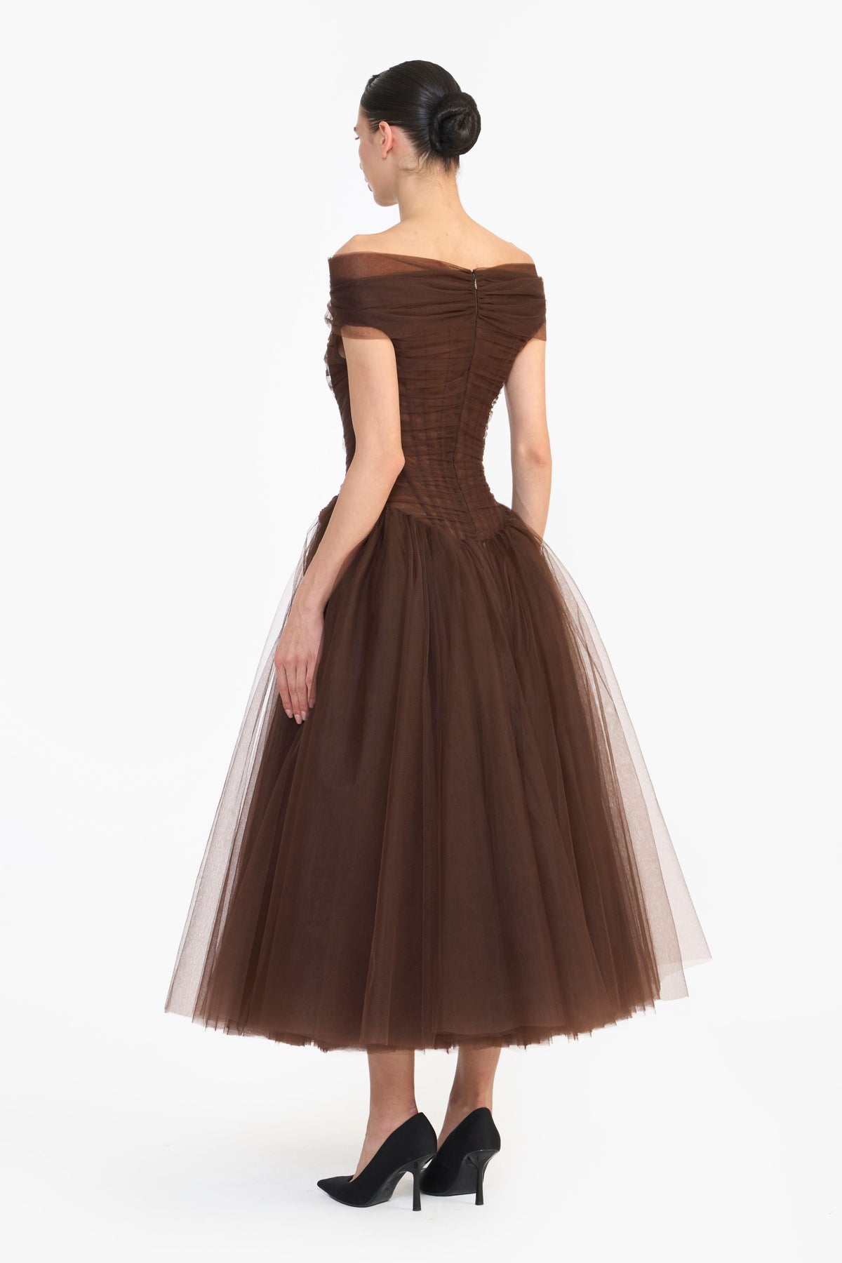 Off Shoulder Draped Tulle Midi