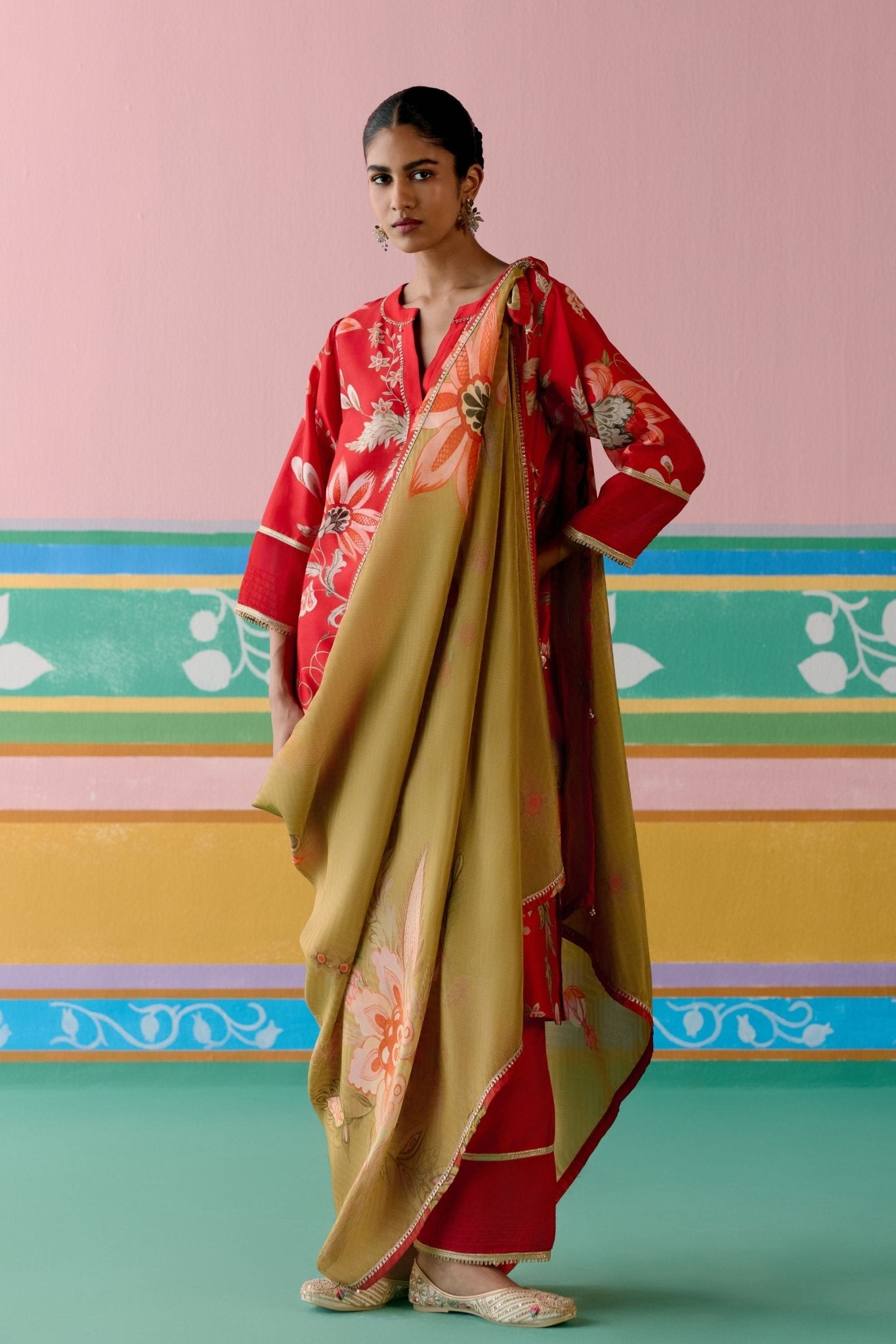 Red Chintz Kurta Set - Label Mogra - Elahe