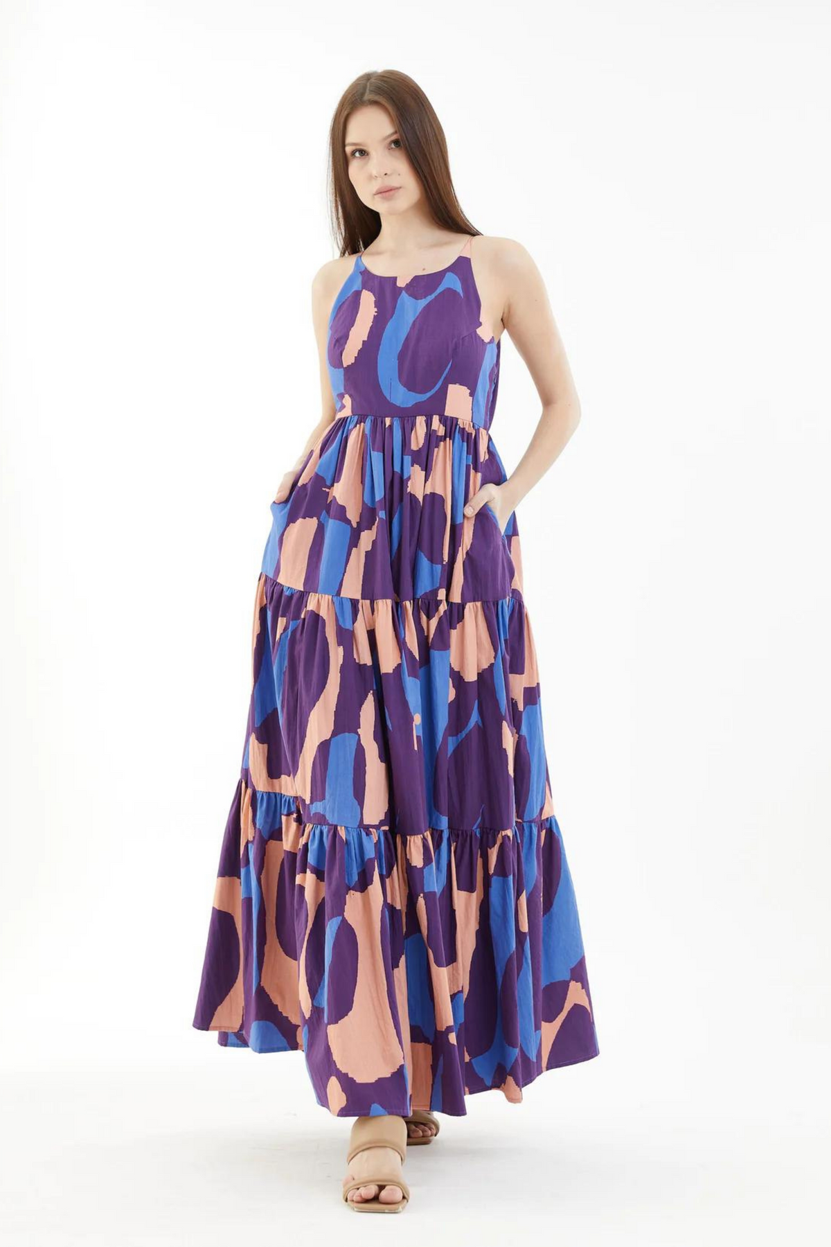 Blue, Orange And Indigo Sleeveless Three Tier Dress