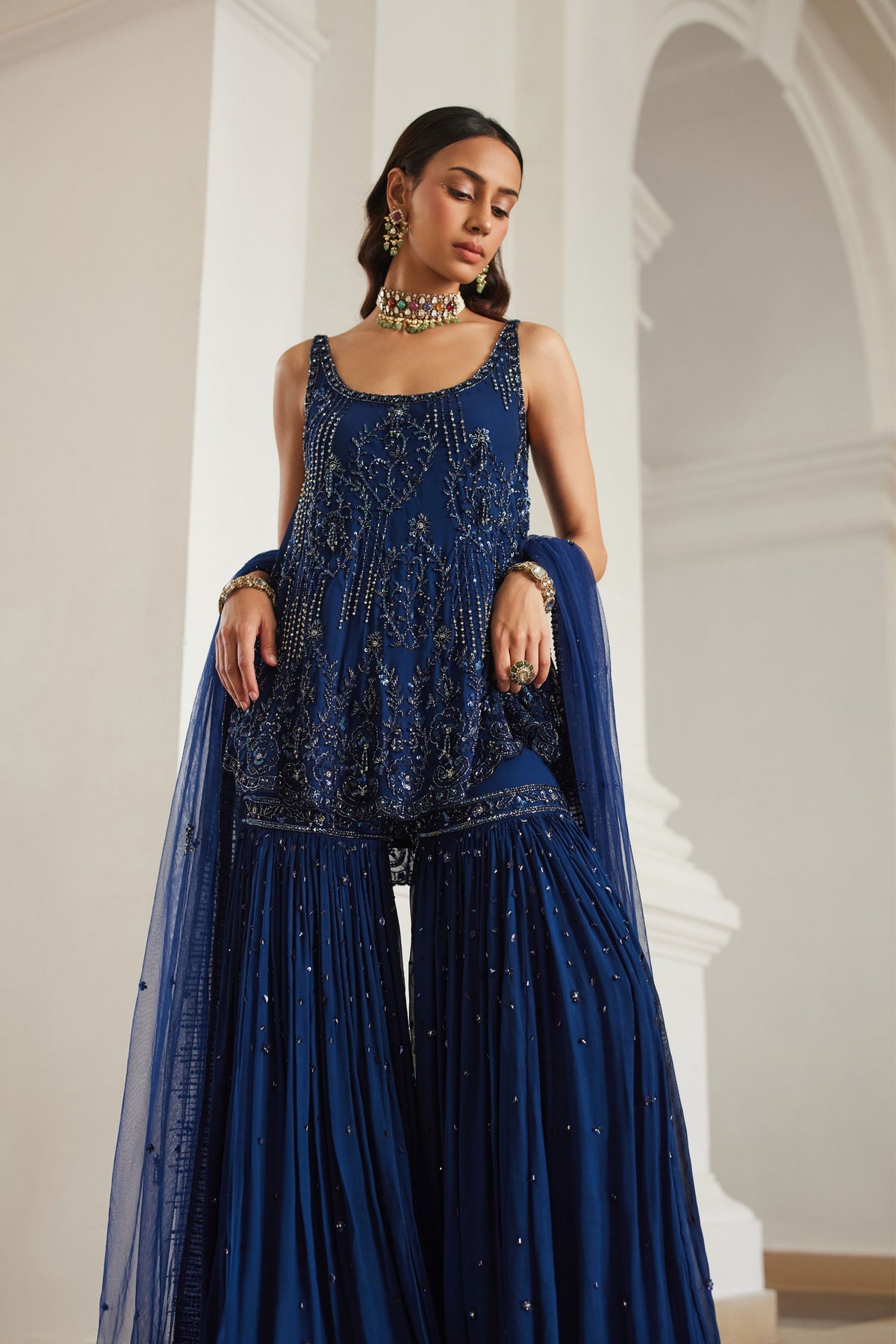 Teal Blue Biased Kurta With Sharara
