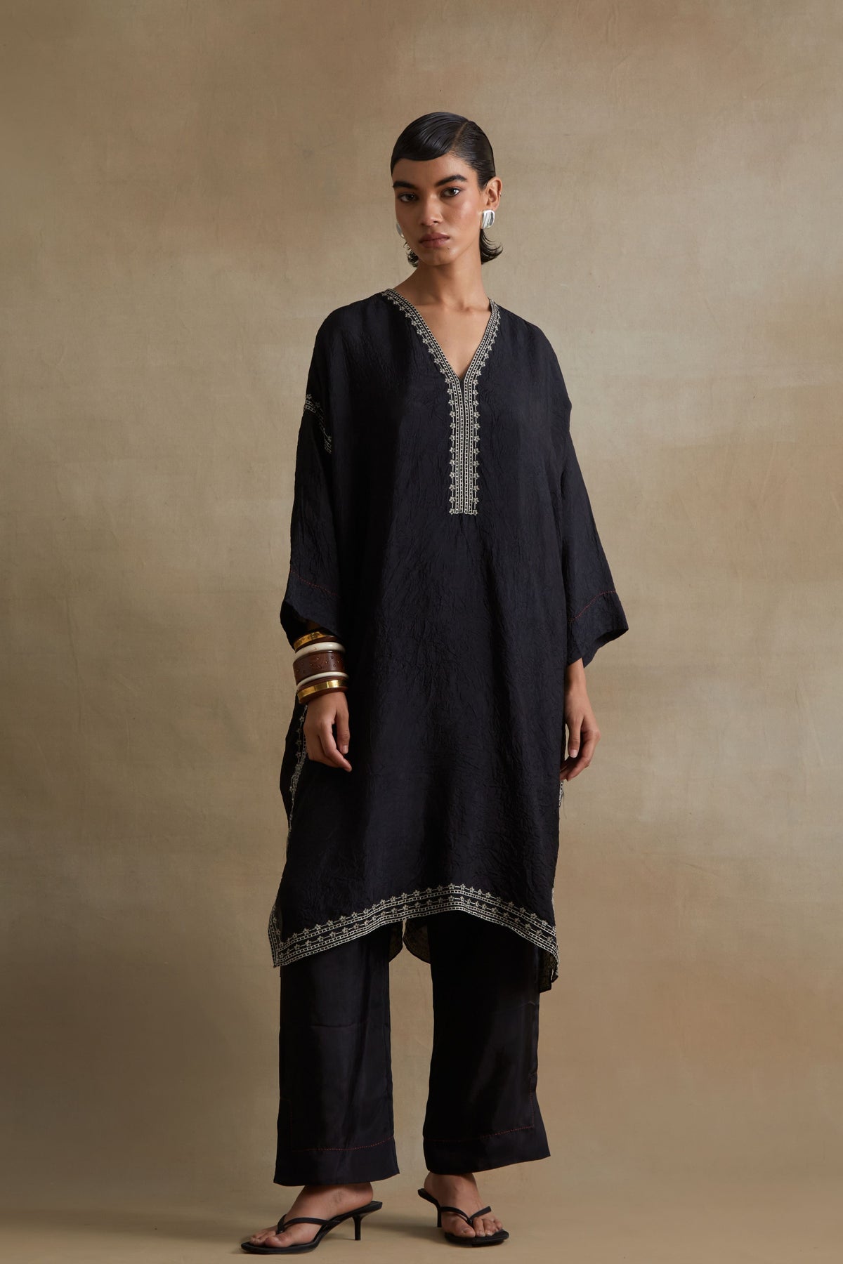 Black Thread Embroidered Kaftan Set