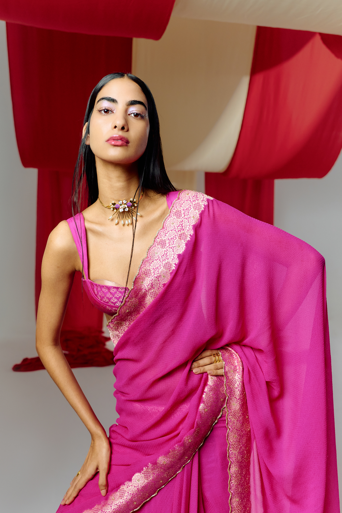 Pink Georgette Handwoven Saree