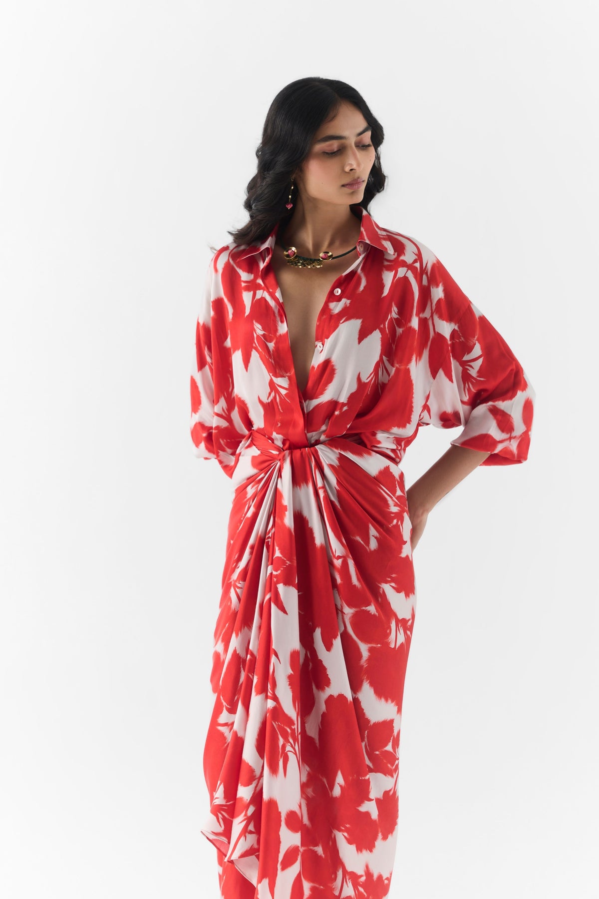 Red Ink Draped Shirt Dress