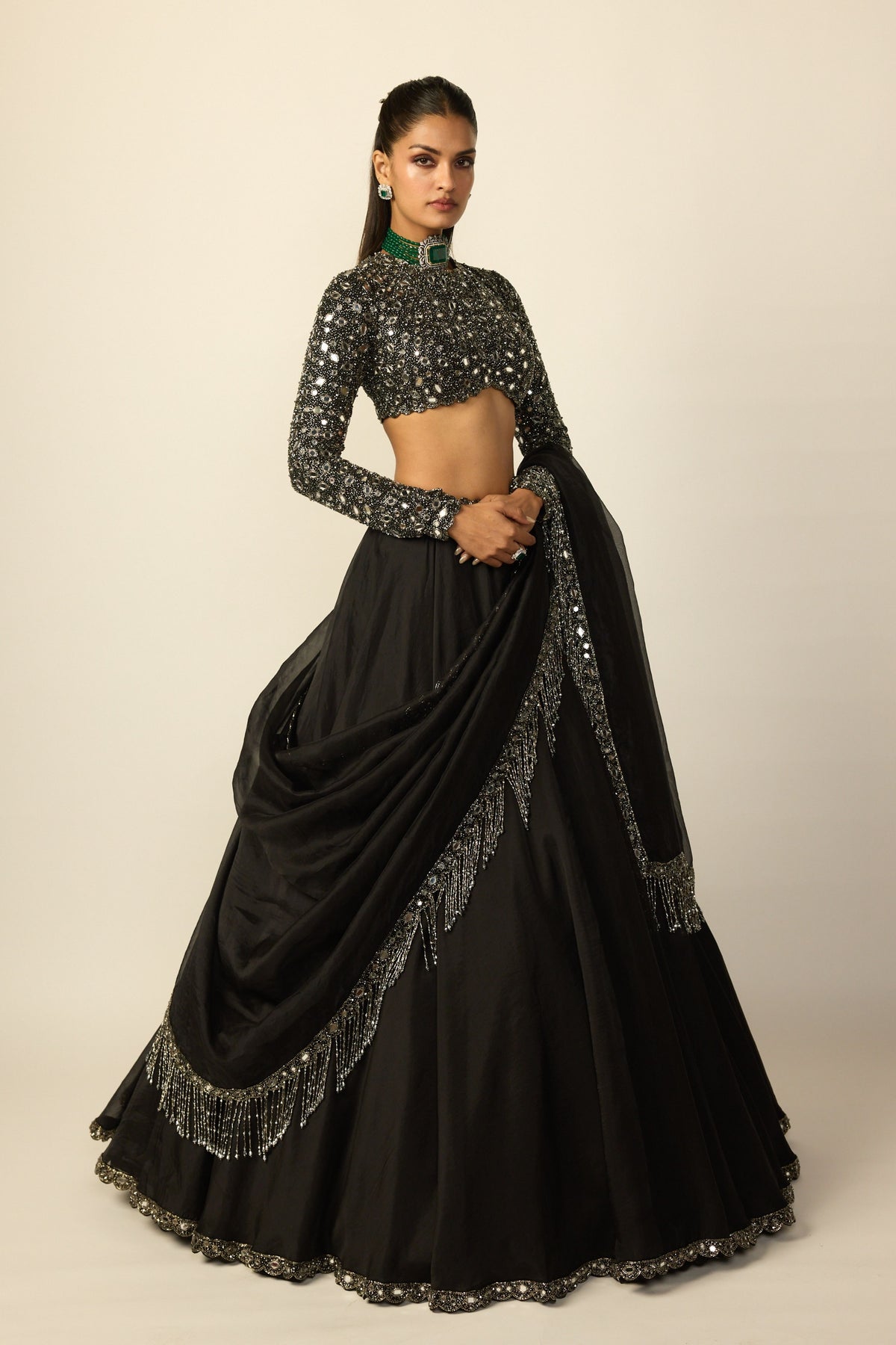 Black Tassel Dupatta Lehenga Set