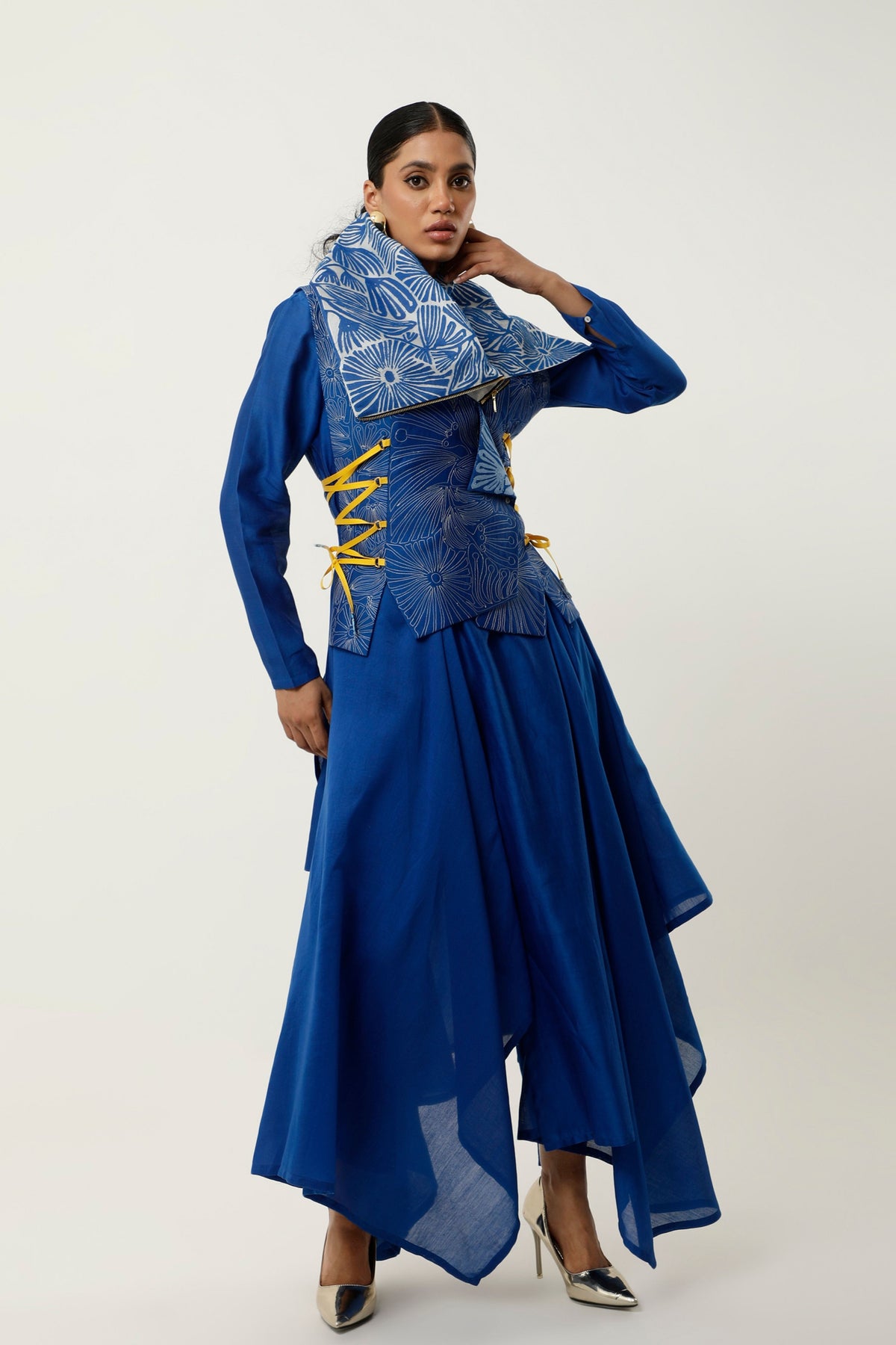 Cobalt Drapped Collar Jacket Set