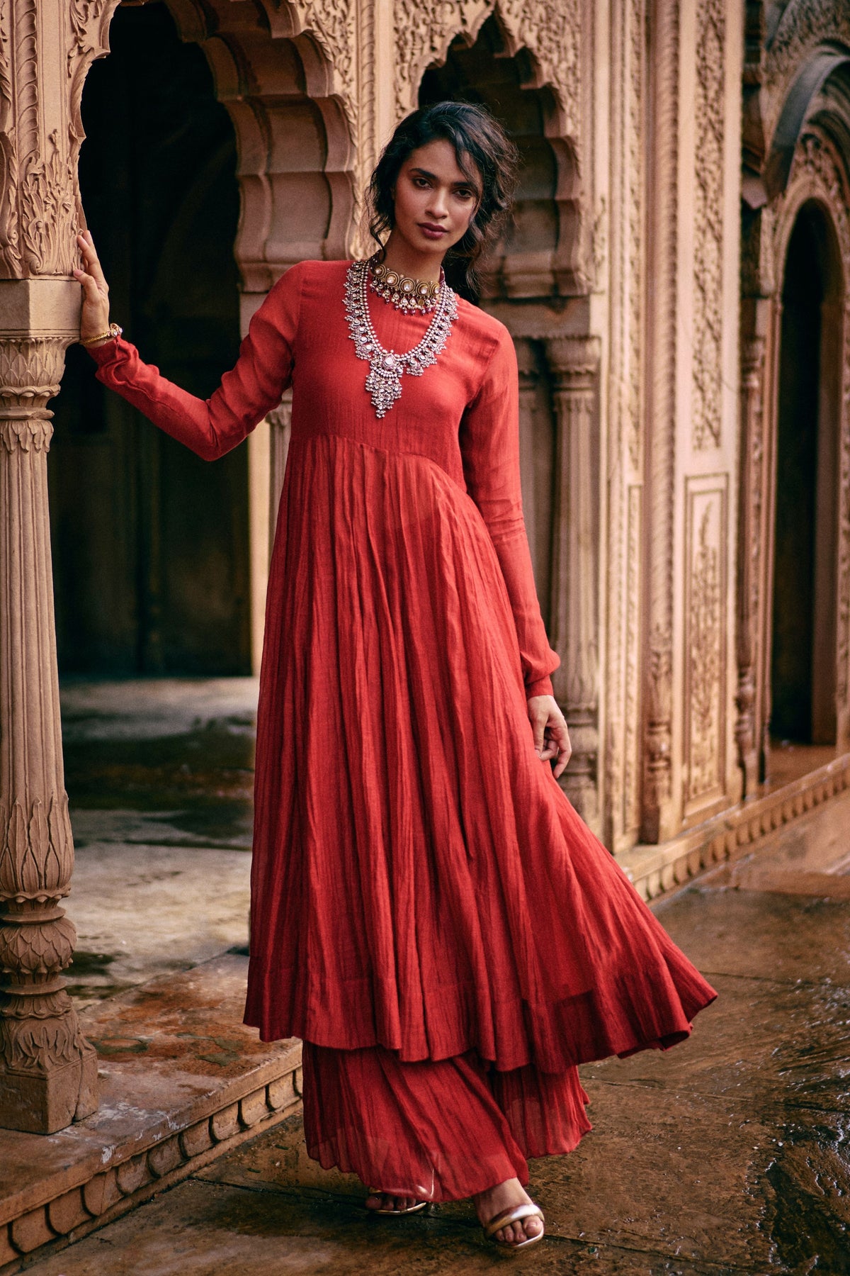 Embroidered Floral Red Anarkali Set